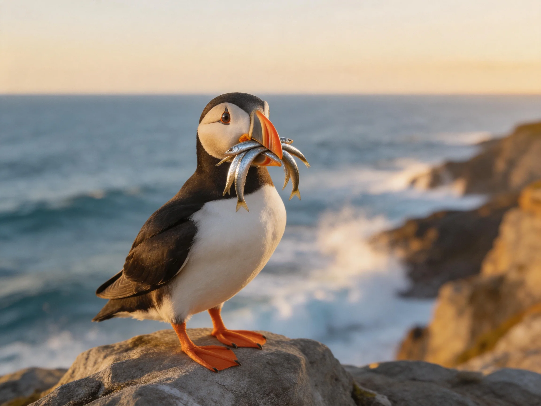 A puffin perches on rocky cliffs with several silver fish in its beak