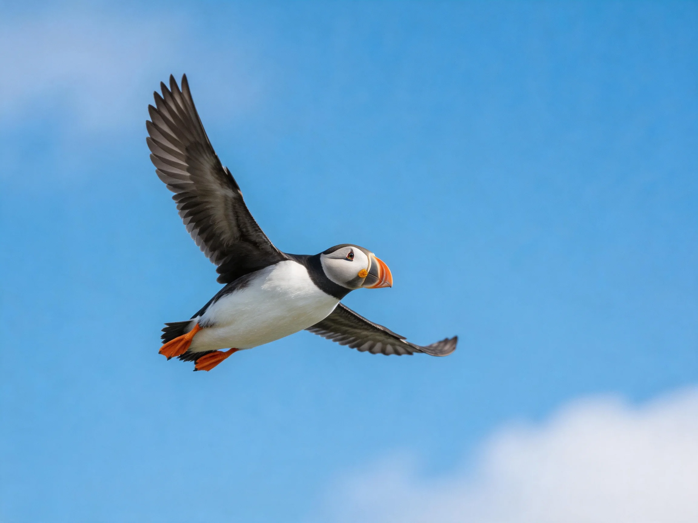 A puffin soars through a clear blue sky with outstretched wings