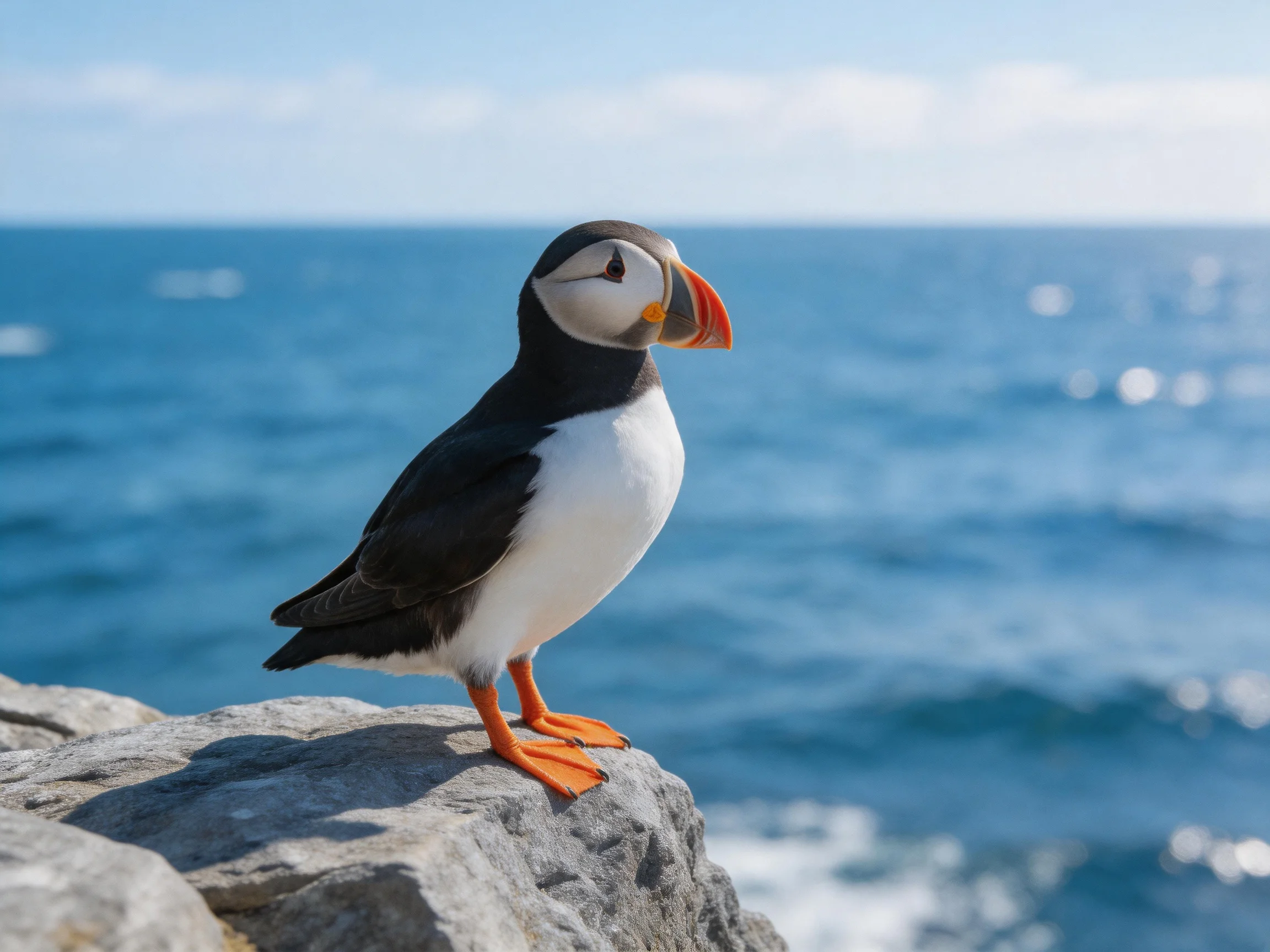 A puffin stands on a gray cliff by the deep blue ocean