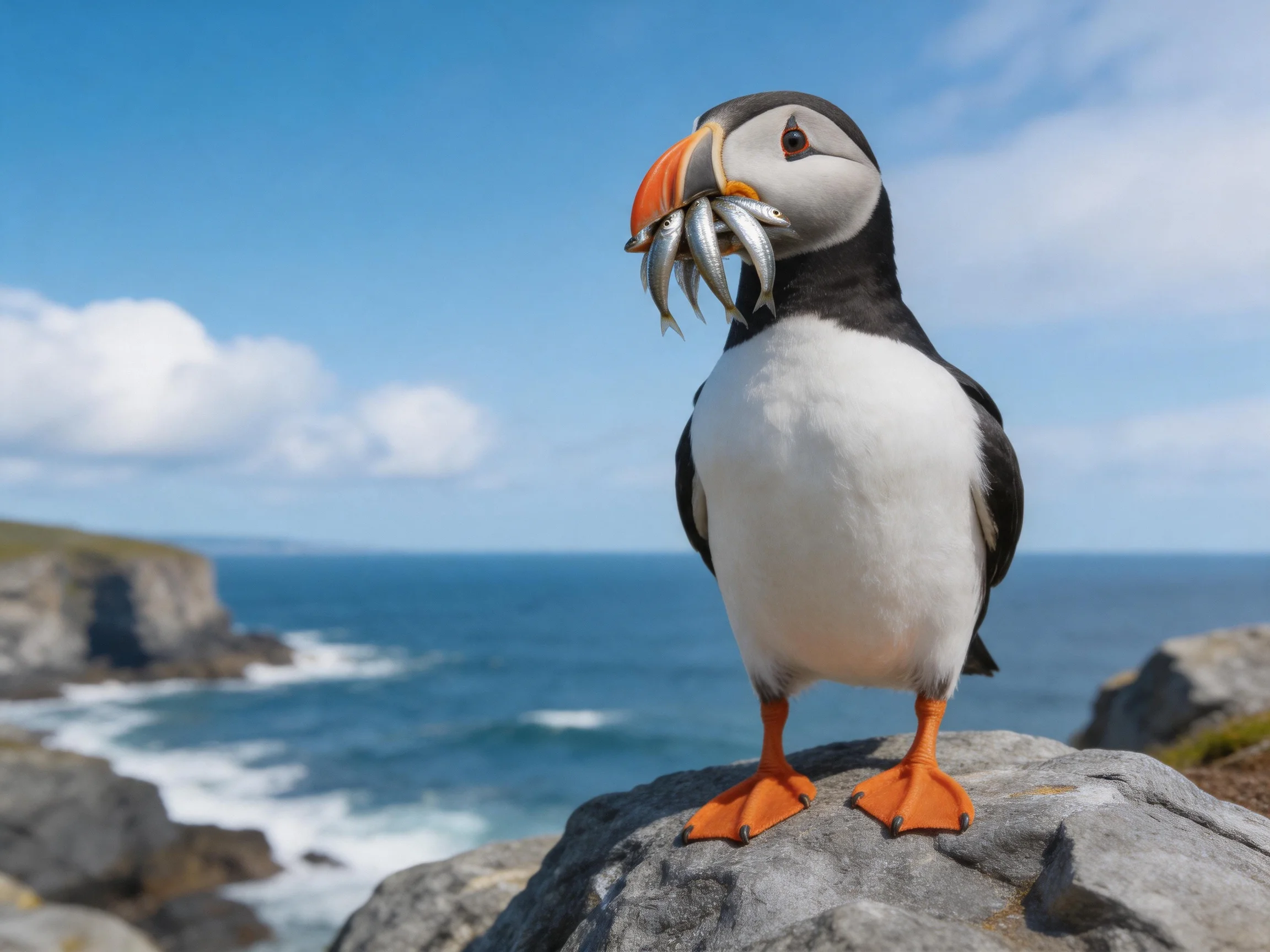 A puffin stands on a rock with several silver fish in its orange beak