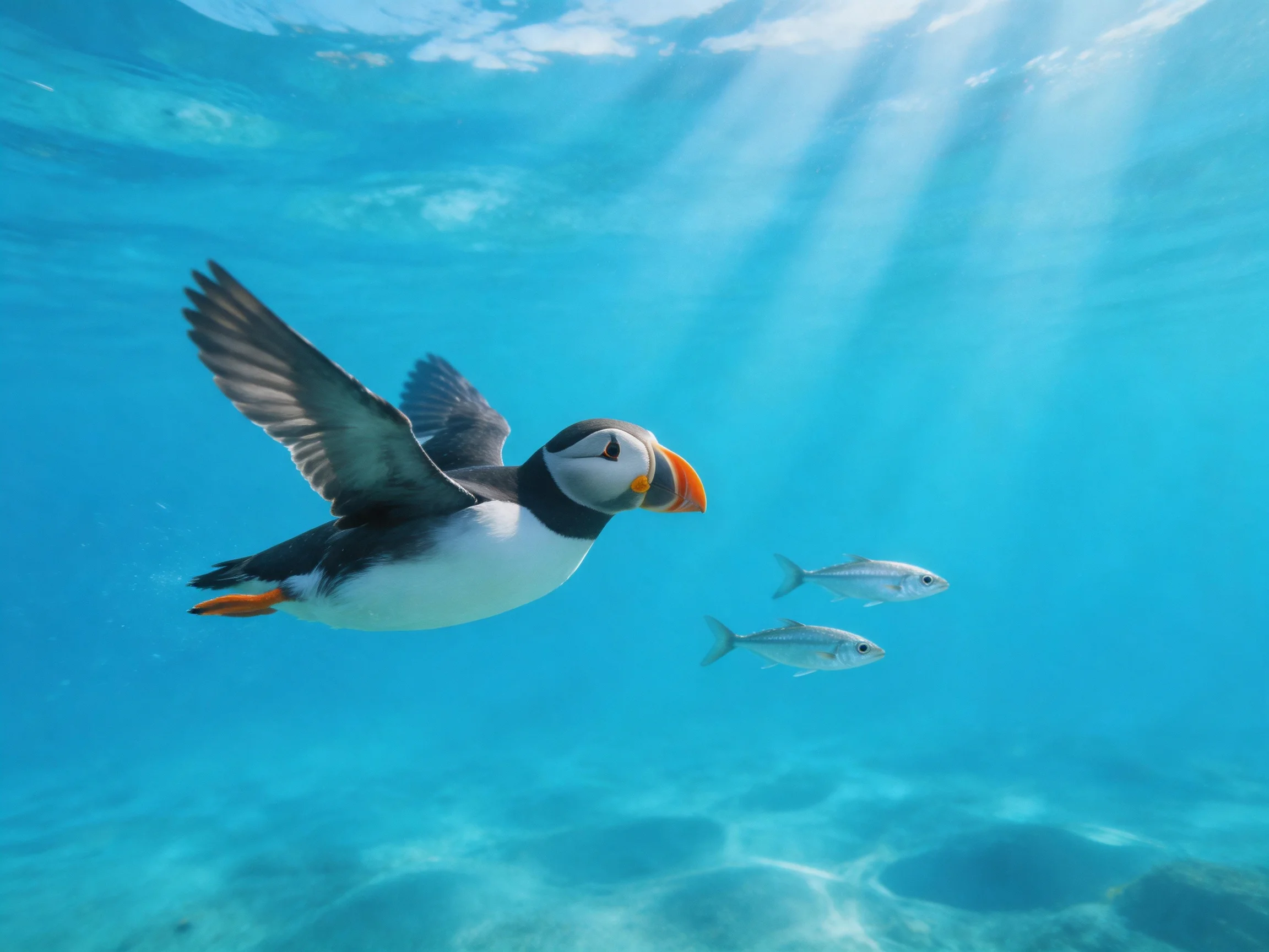 A puffin swims near two silver fish in clear turquoise water