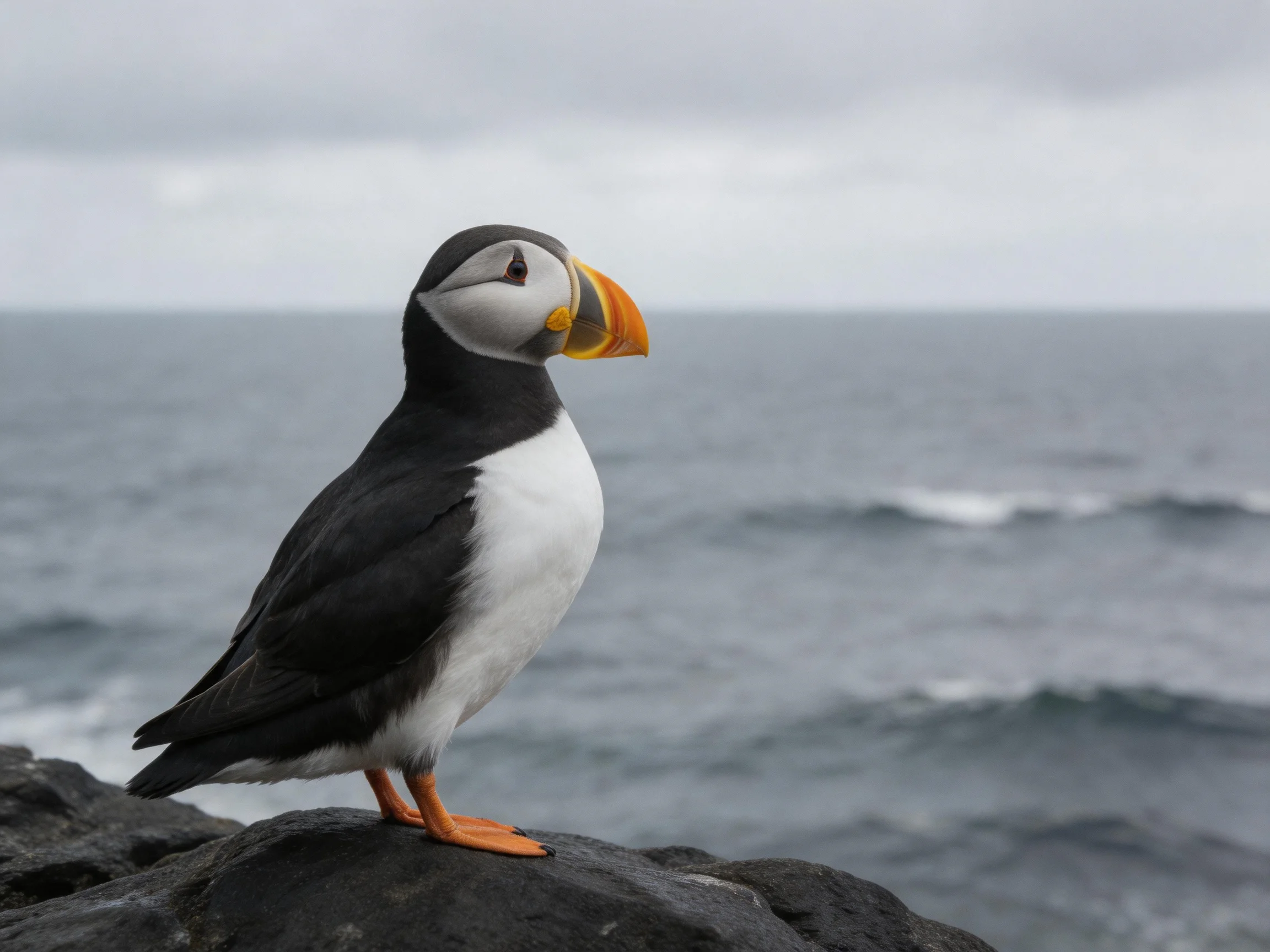 A puffin with orange beak perched on dark rocks by the ocean
