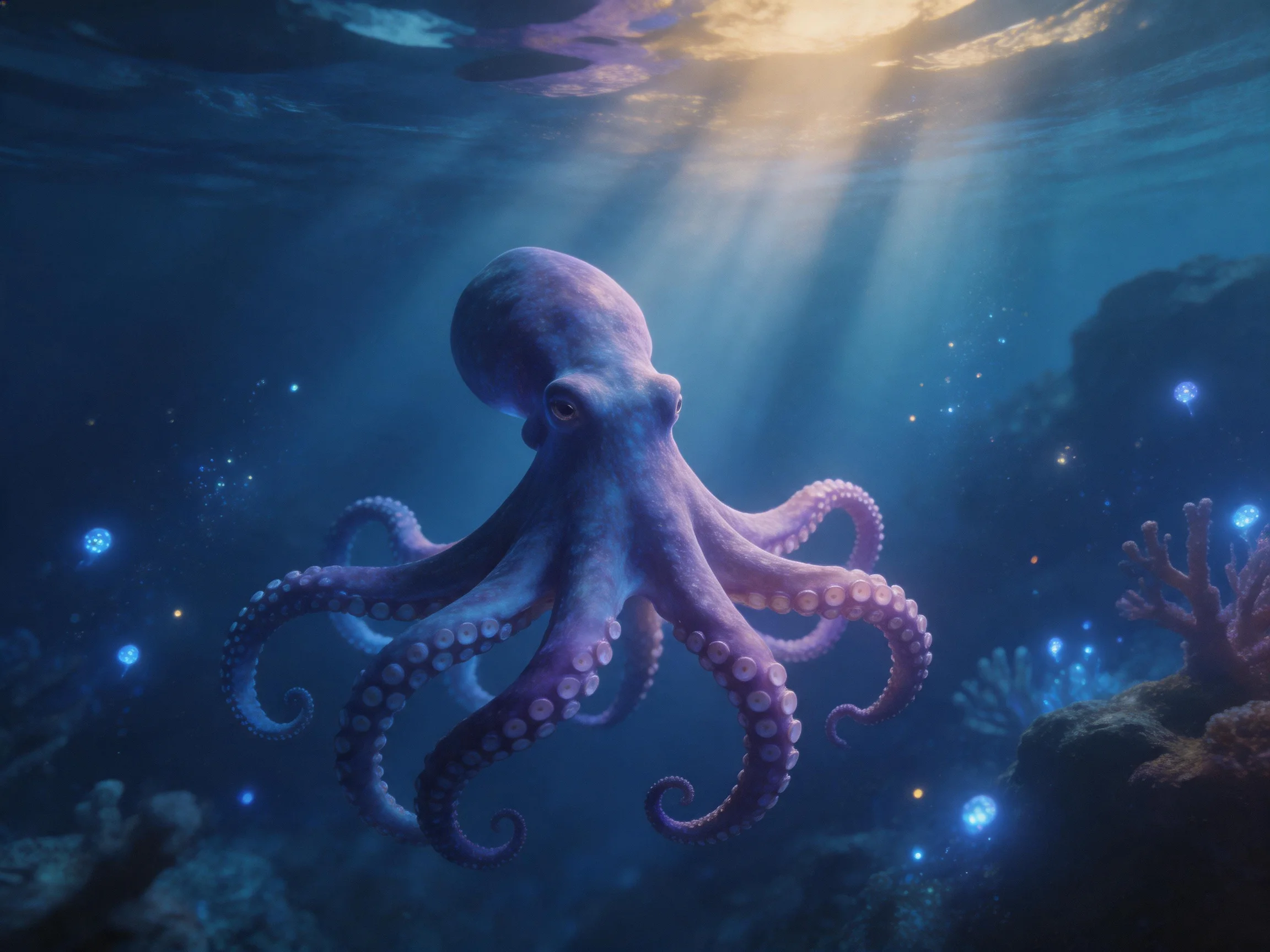 A purple octopus swimming among glowing marine life under sunbeams