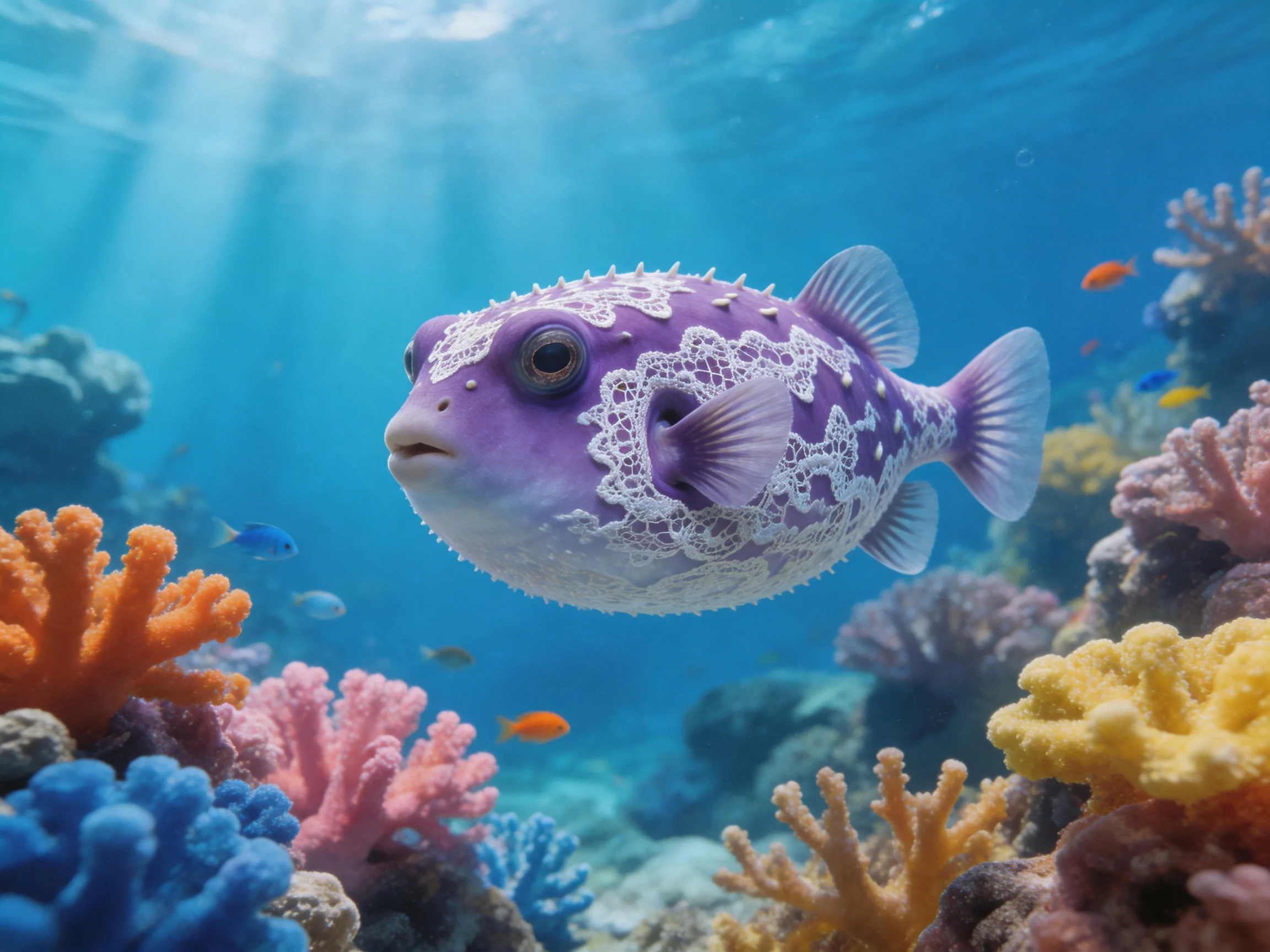 A purple pufferfish with white lace patterns swims among colorful corals