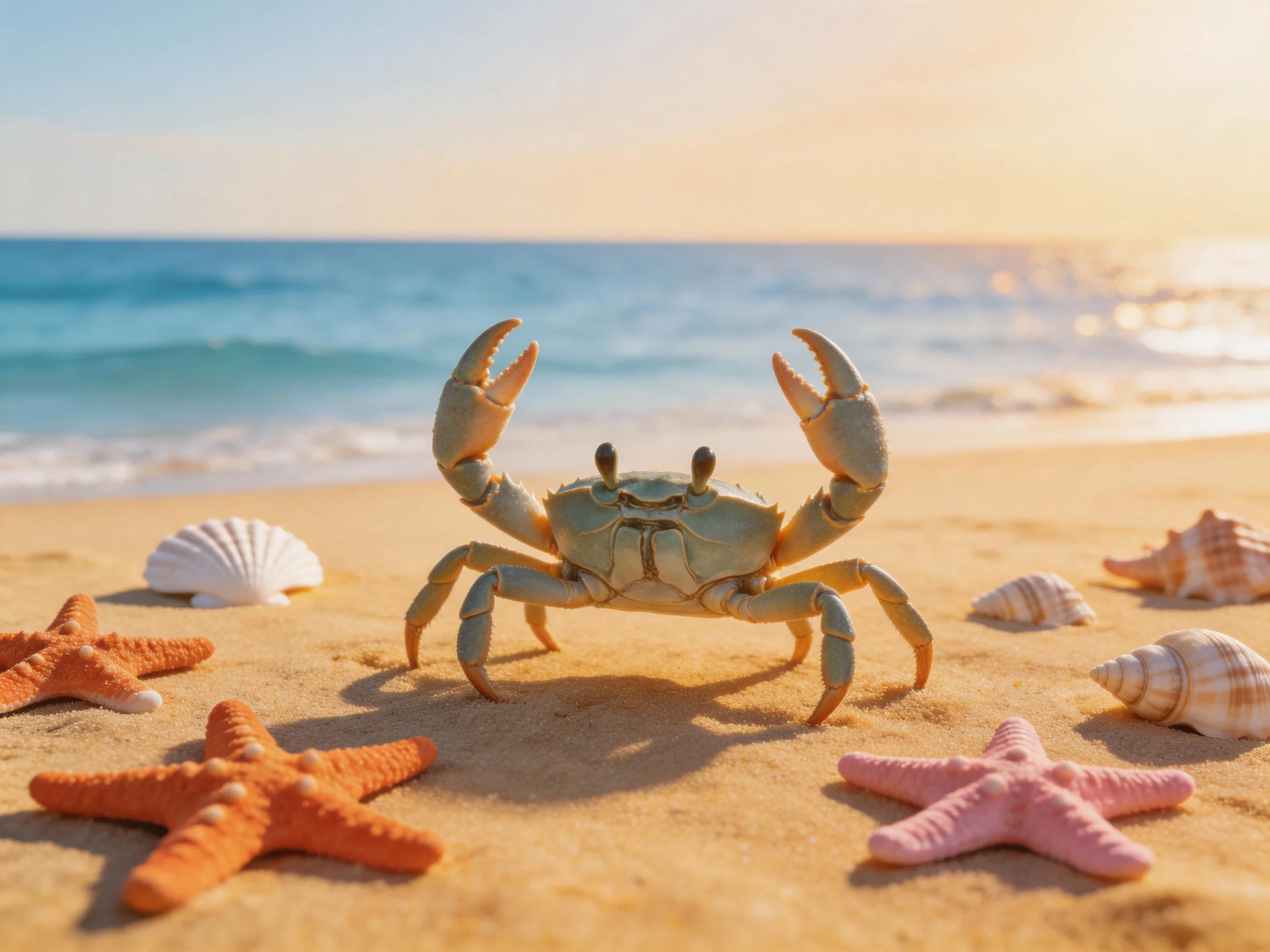 A sandy beach with a crab, orange pink starfish, and assorted seashells