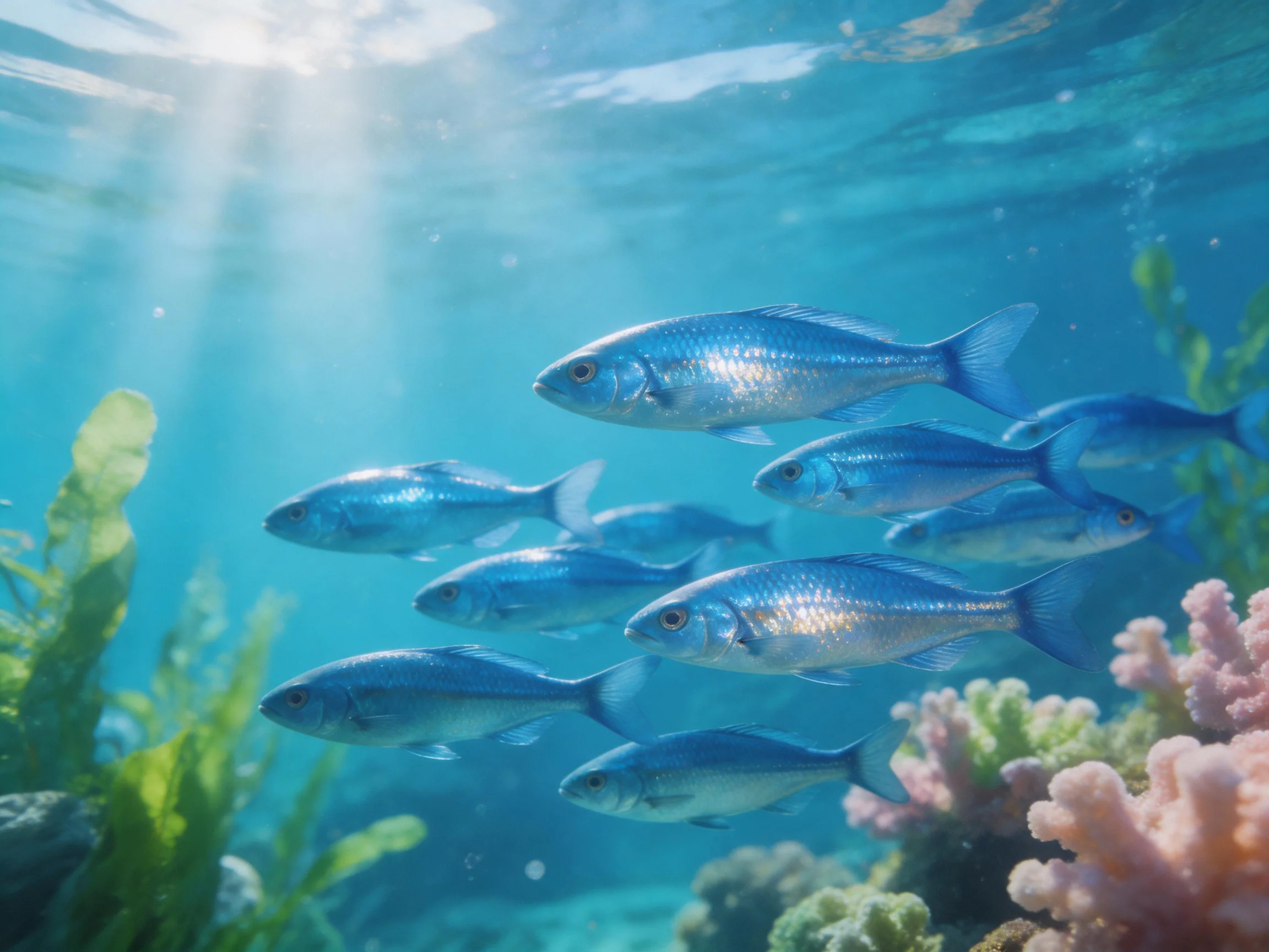 A school of blue fish swims near colorful coral reefs