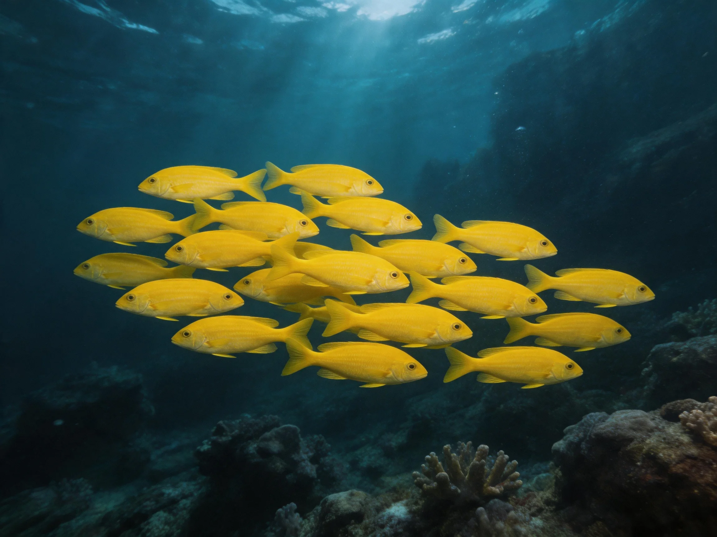 A school of bright yellow fish swimming near coral reefs underwater