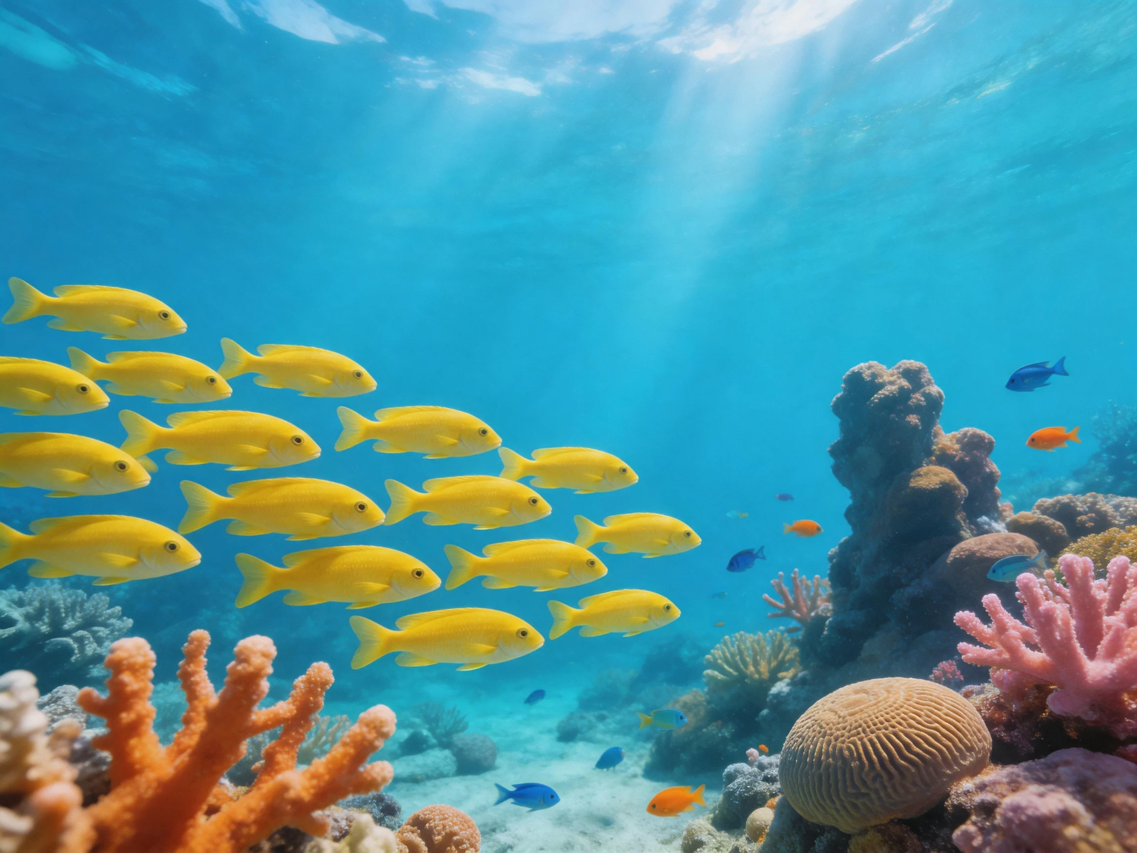 A school of bright yellow fish swims near colorful coral reefs