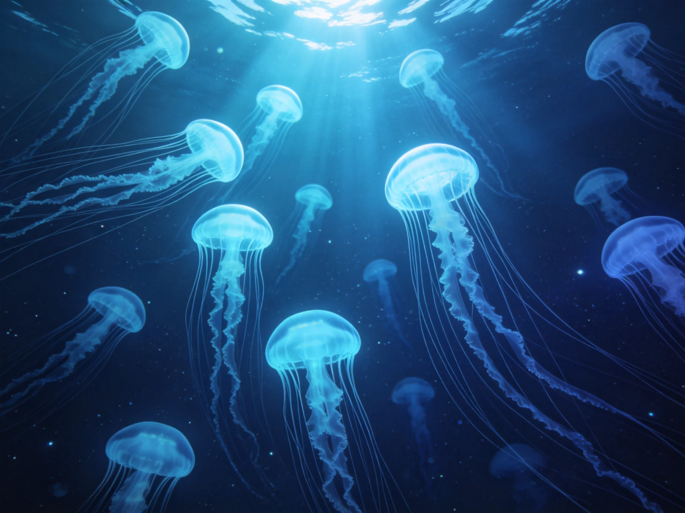 A school of glowing blue jellyfish in deep ocean waters