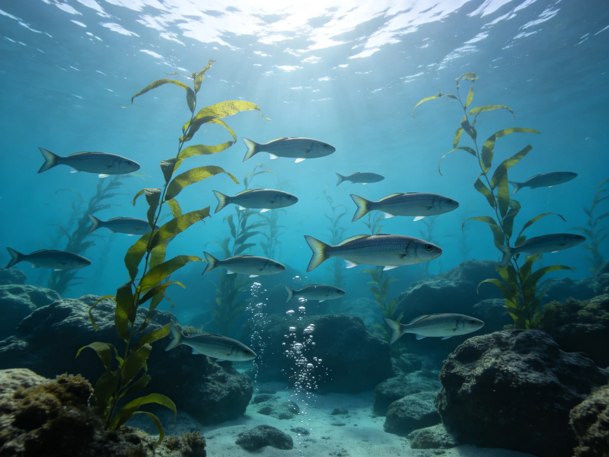 A school of silver fish swims among green seaweed and rocky formations