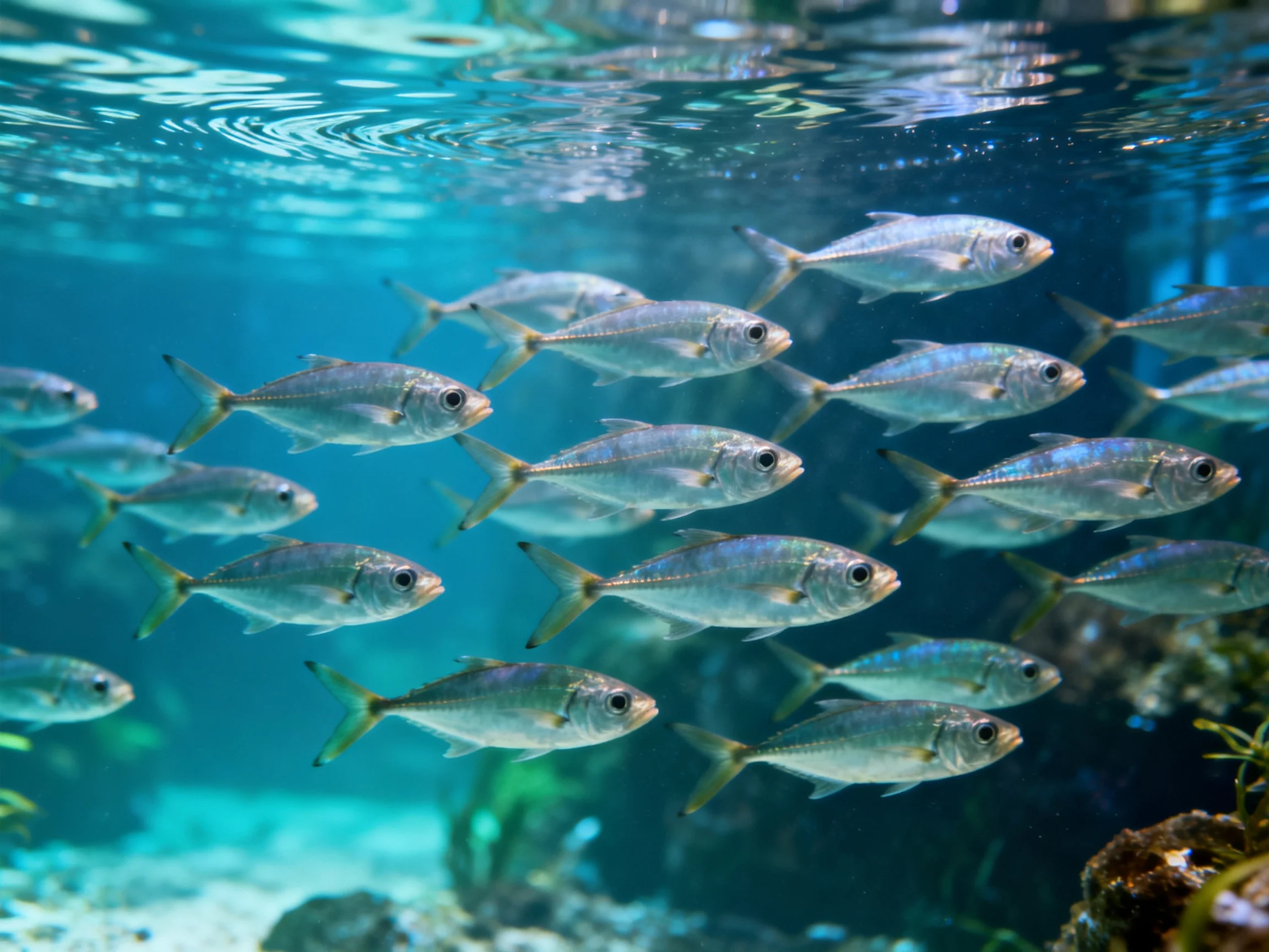A school of silver fish swims in clear blue water near coral