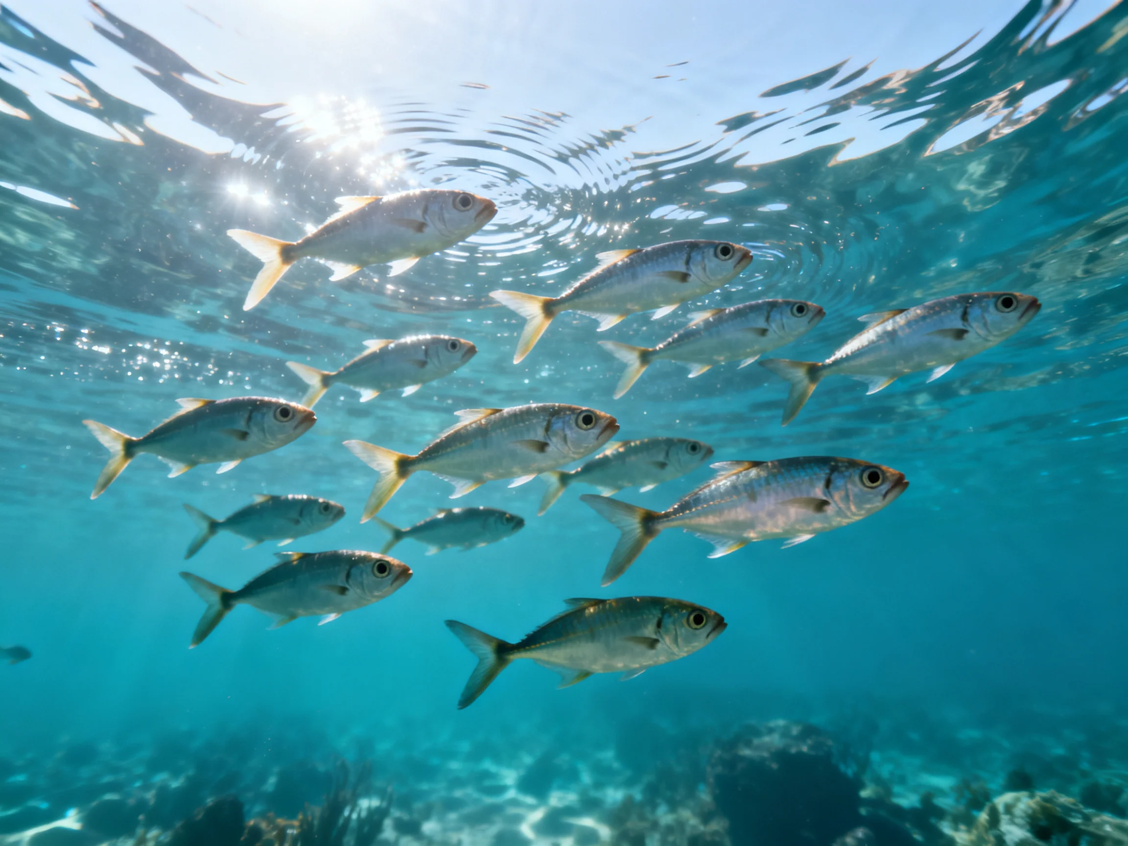 A school of silver fish swims in clear turquoise ocean waters