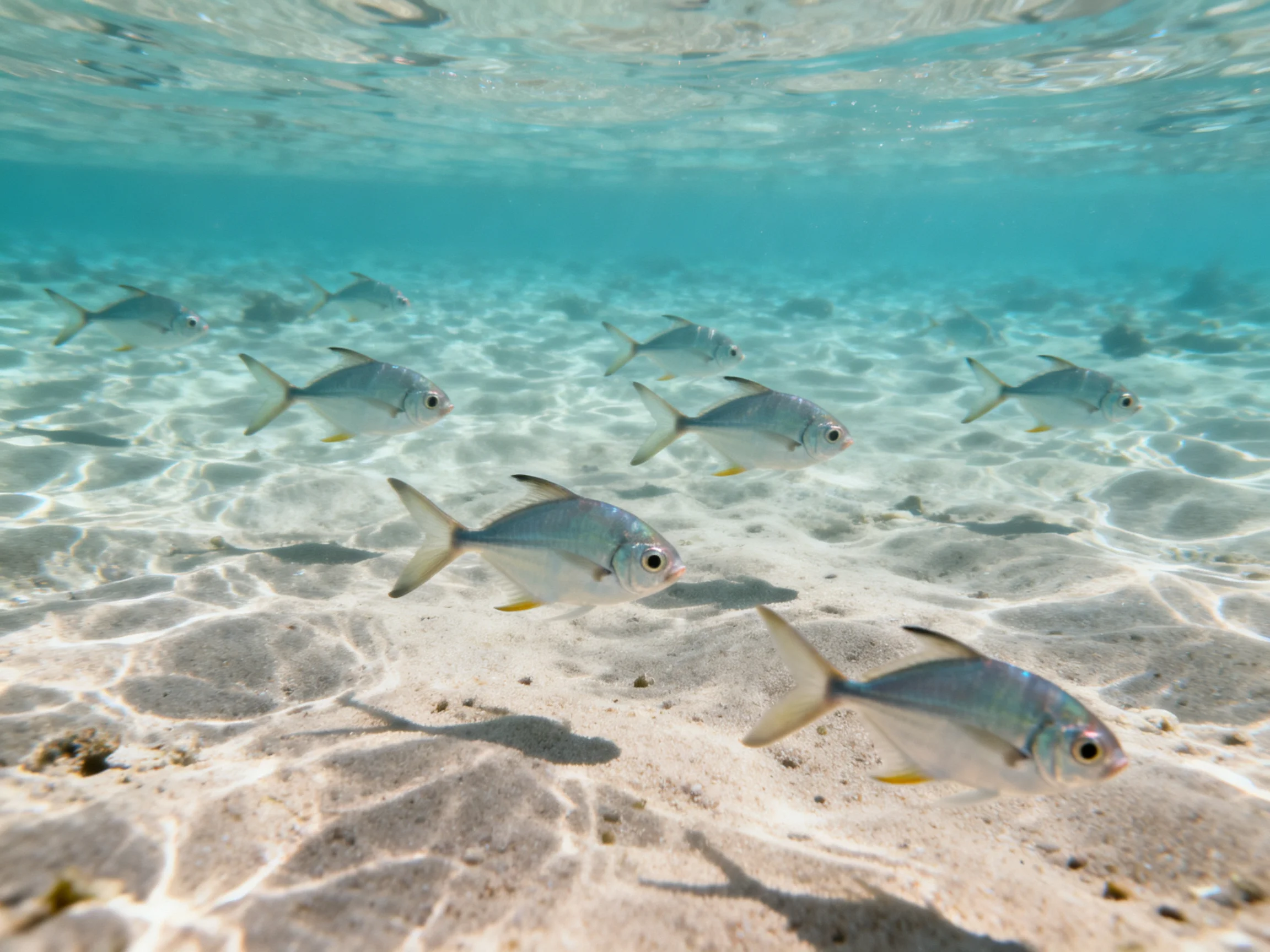 A school of silver fish swims in crystal-clear turquoise waters over a sandy seabed