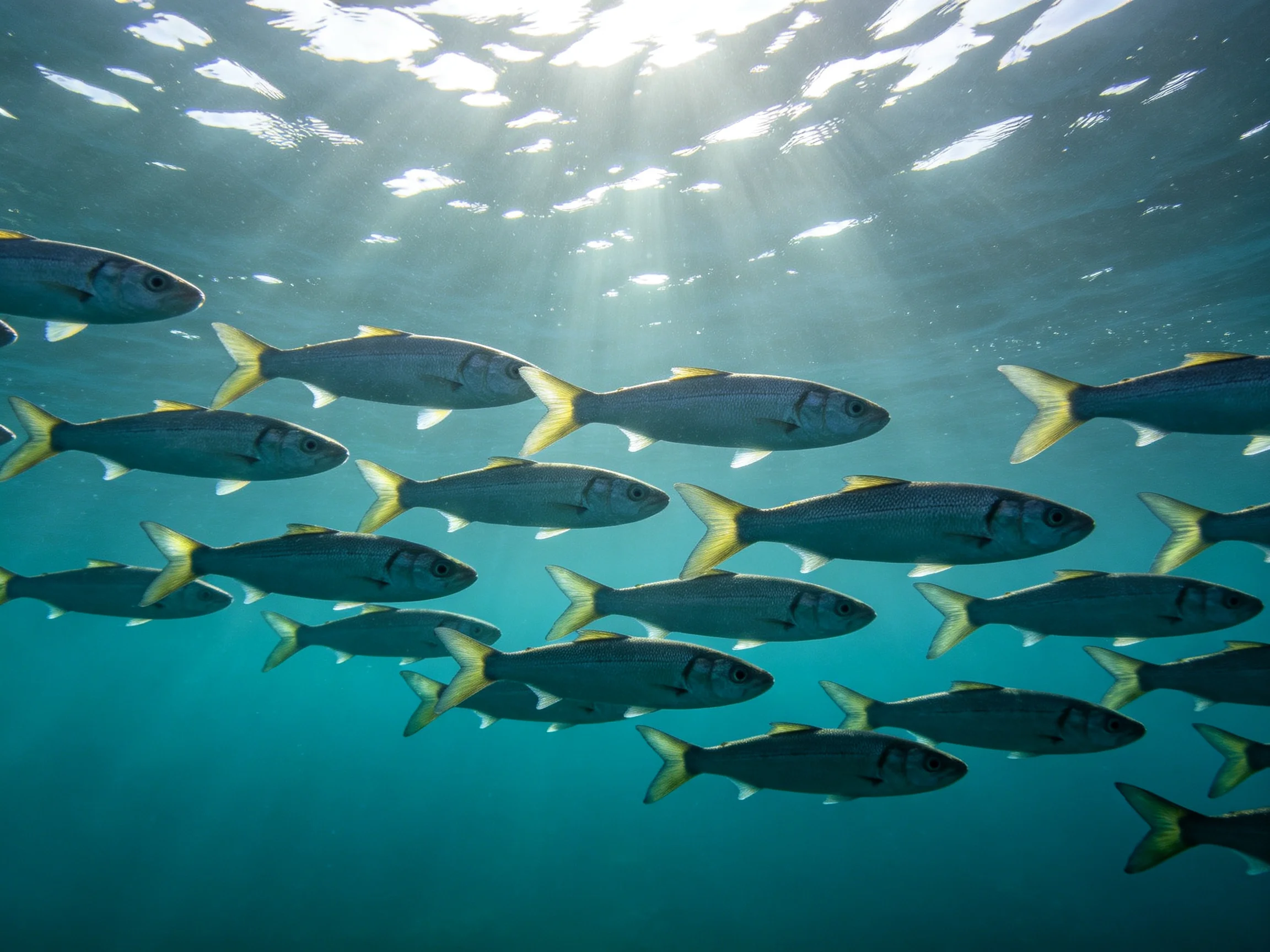 A school of silver fish swims in turquoise waters with yellow tails