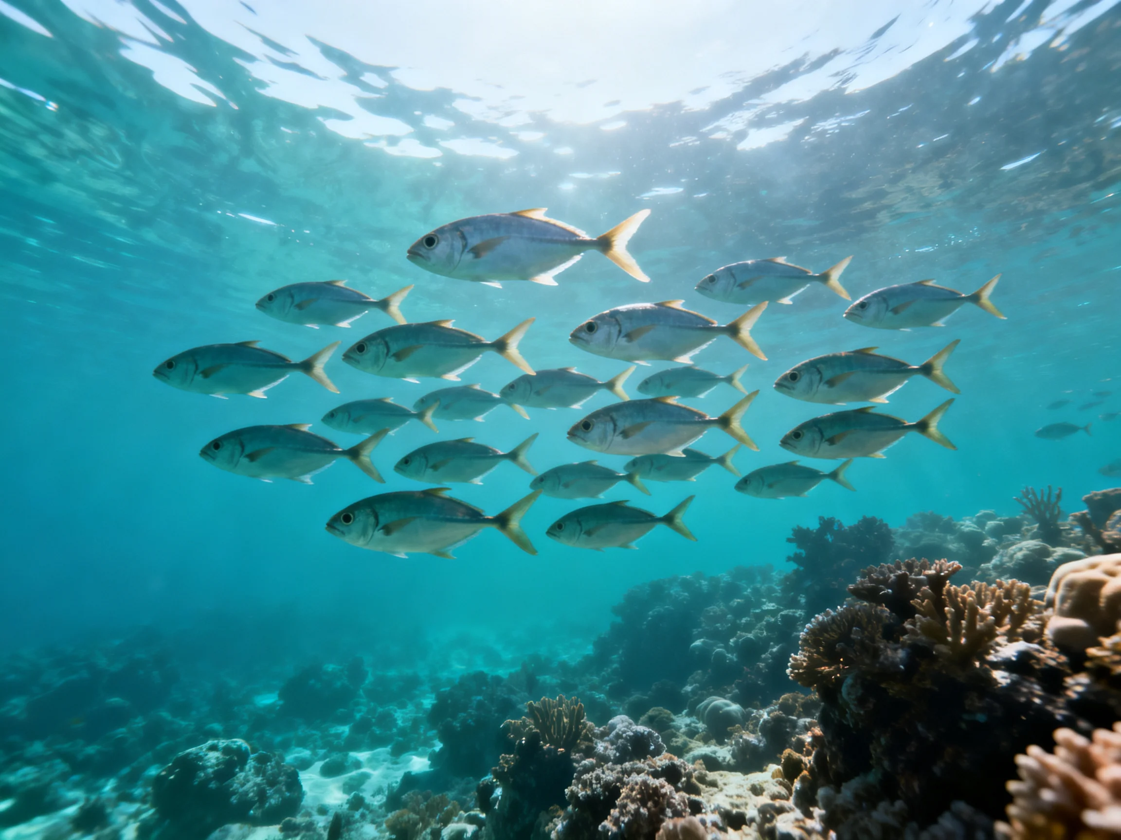 A school of silver fish swims near vibrant coral reefs