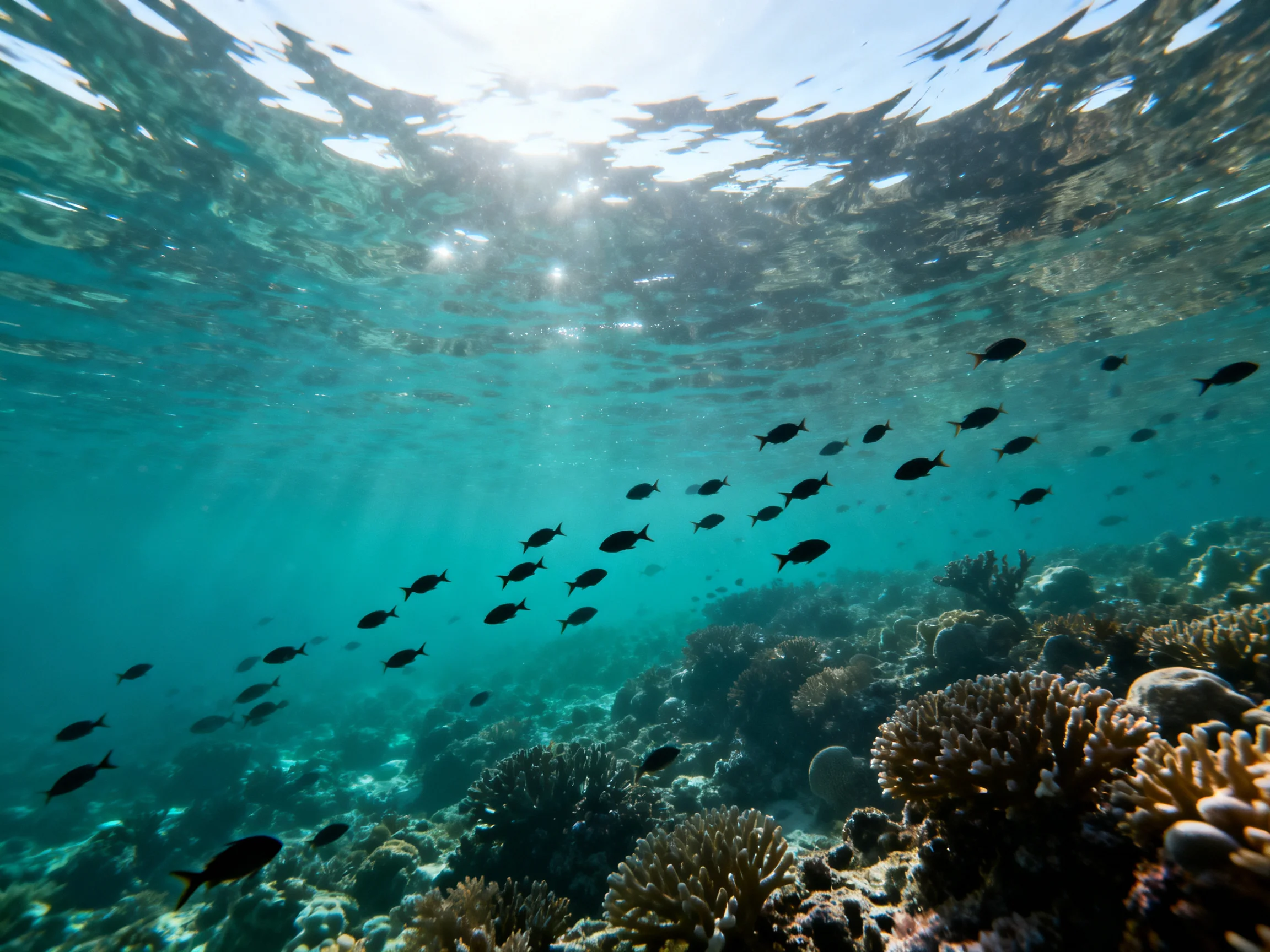 A school of small fish swims among colorful coral reefs under bright sunlight