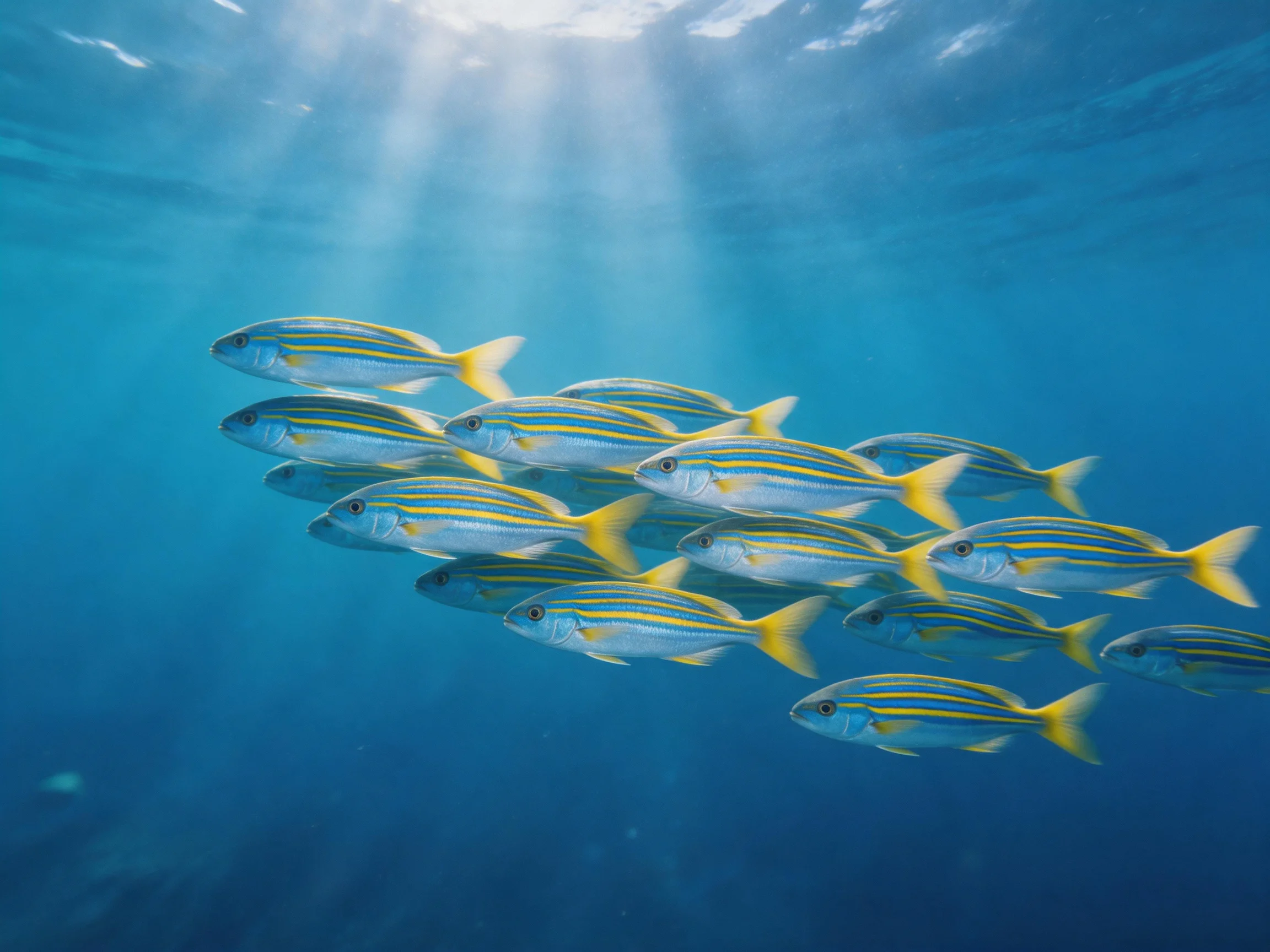 A school of striped fish swims in clear blue ocean waters