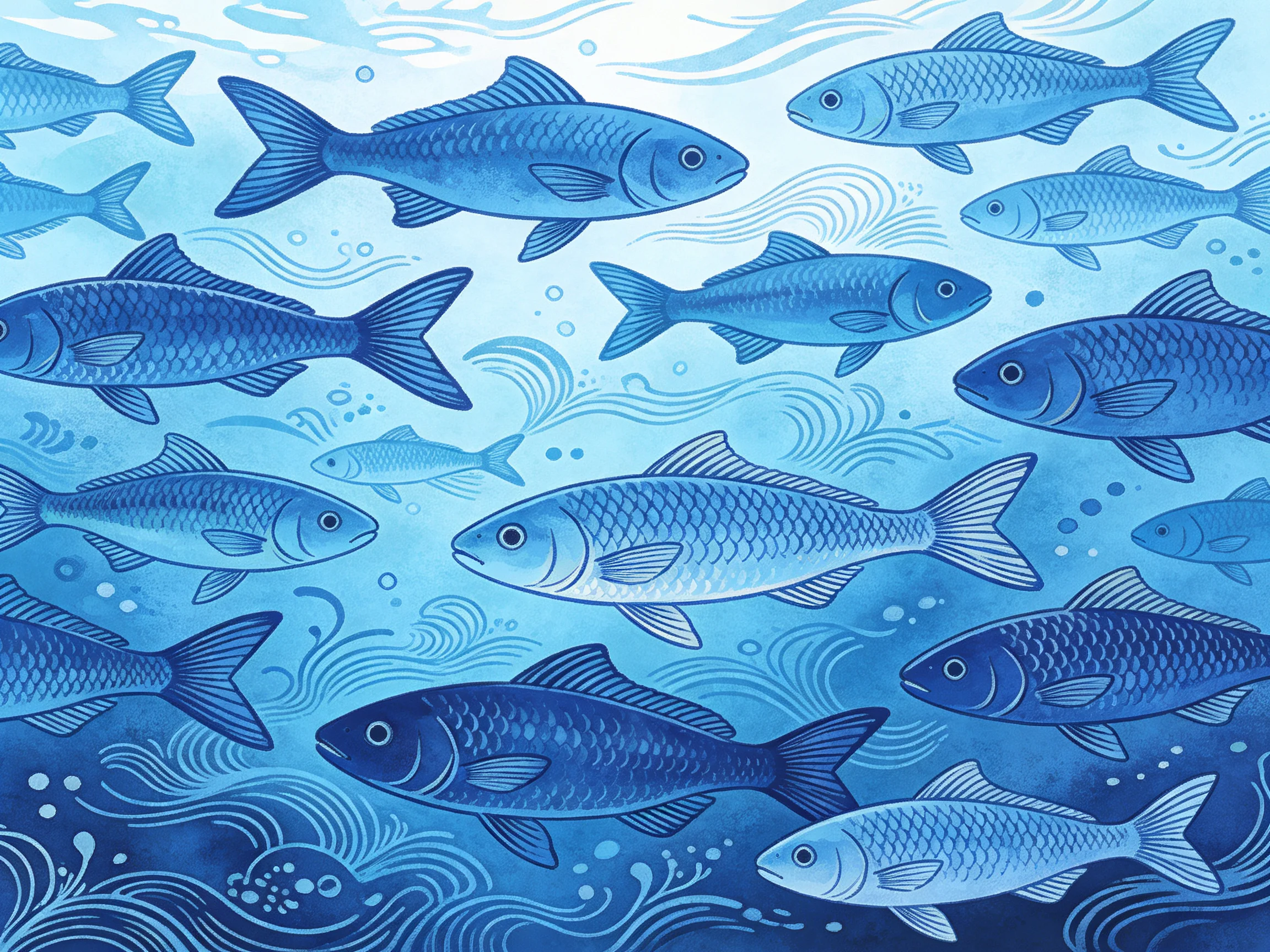 A school of various blue fish swimming in wavy aquatic currents