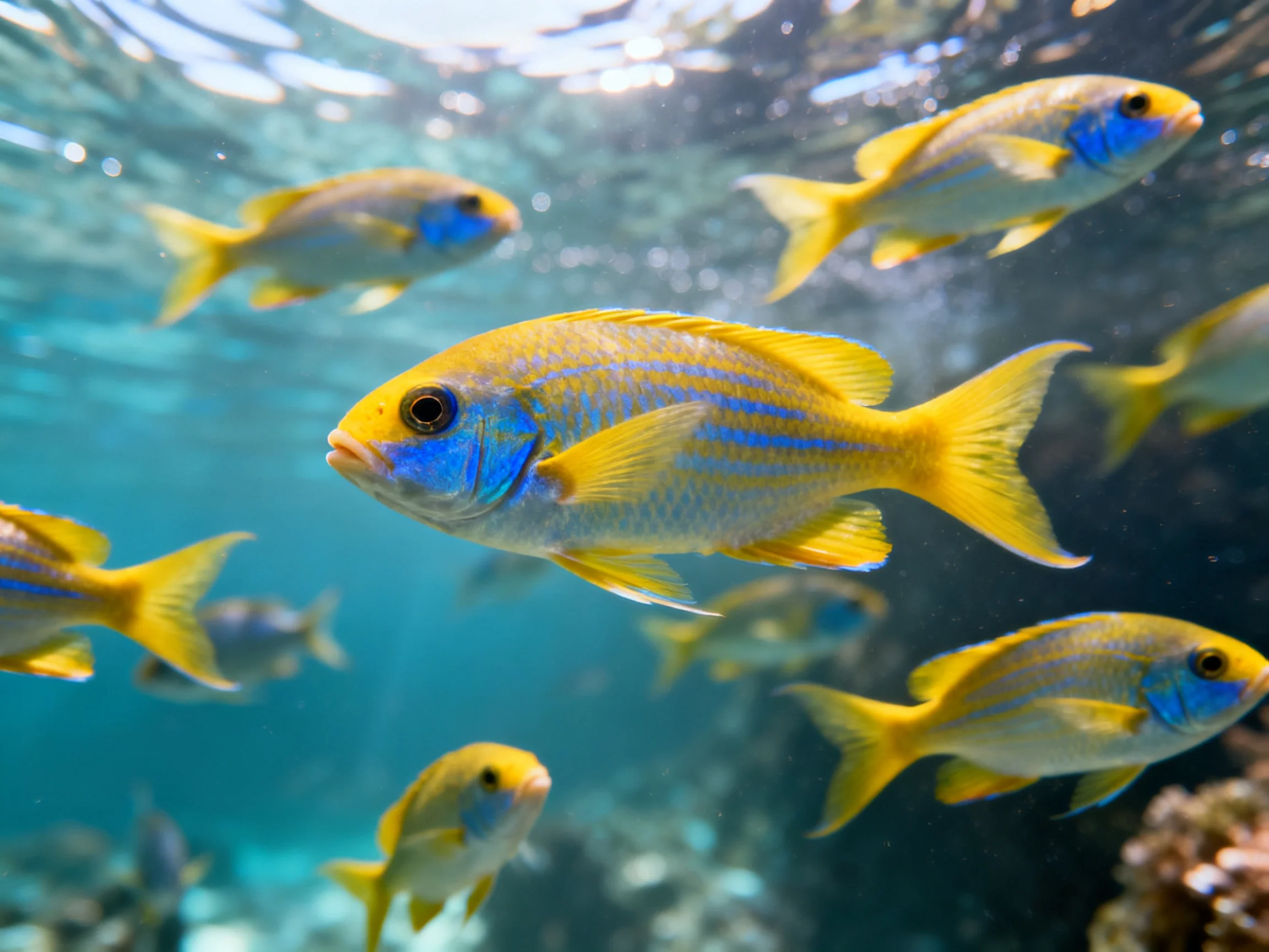 A school of vibrant yellow and blue fish swimming underwater