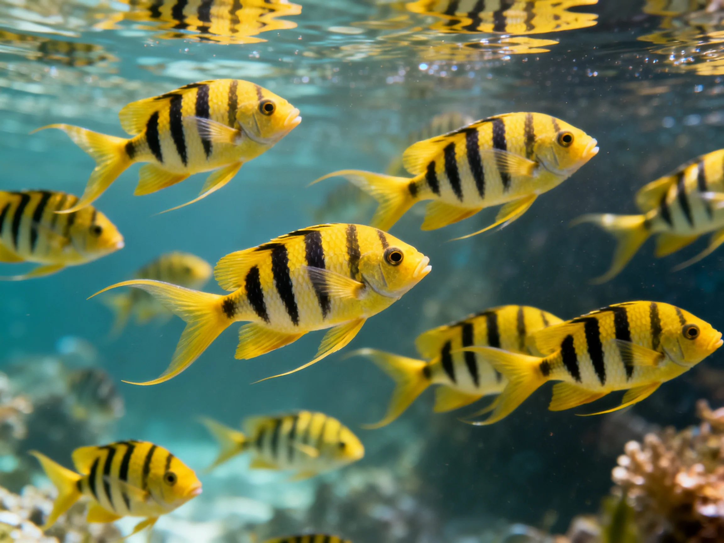 A school of yellow and black striped fish swimming in clear water