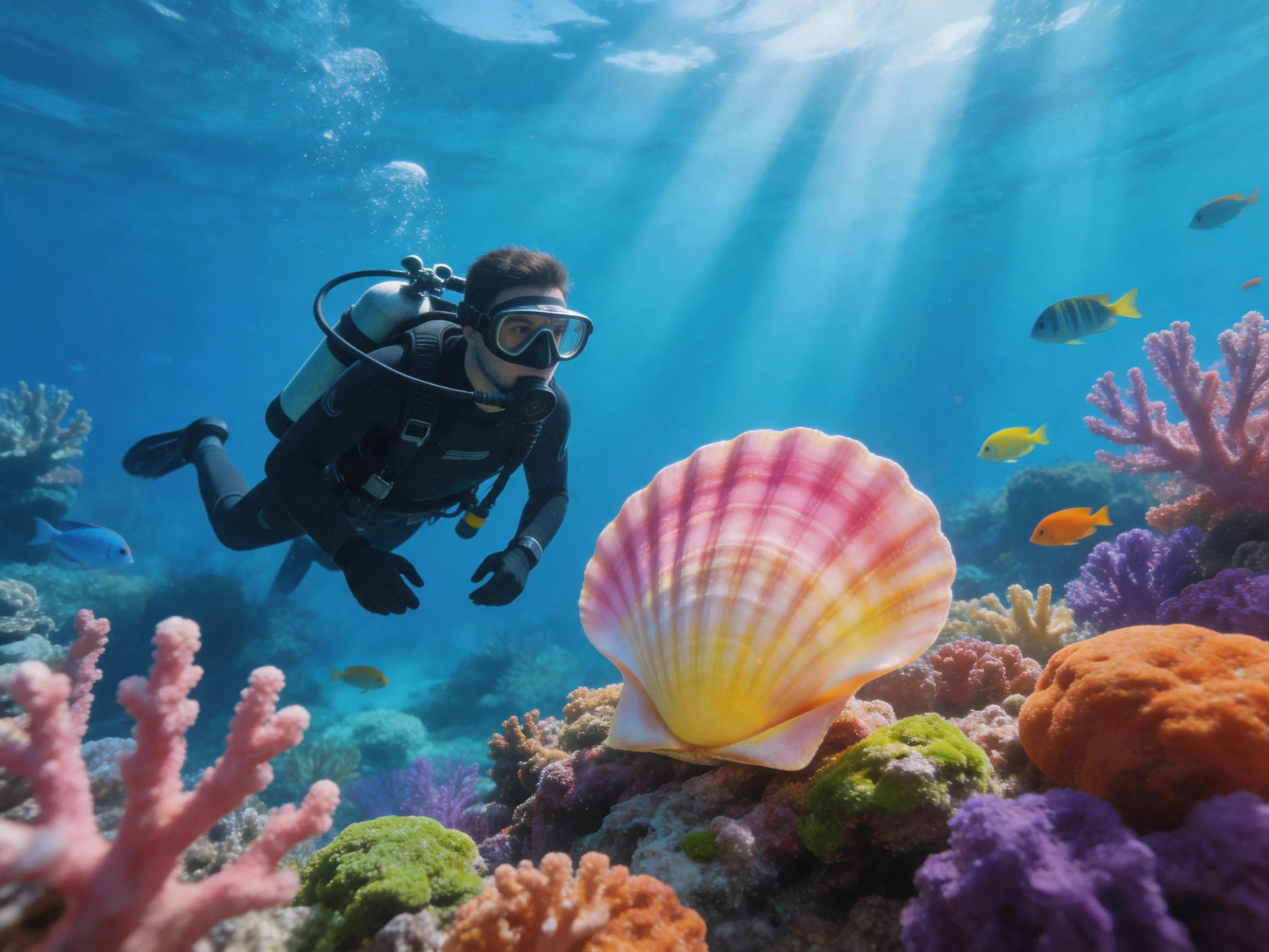 A scuba diver explores a vibrant coral reef with large seashells and tropical fish