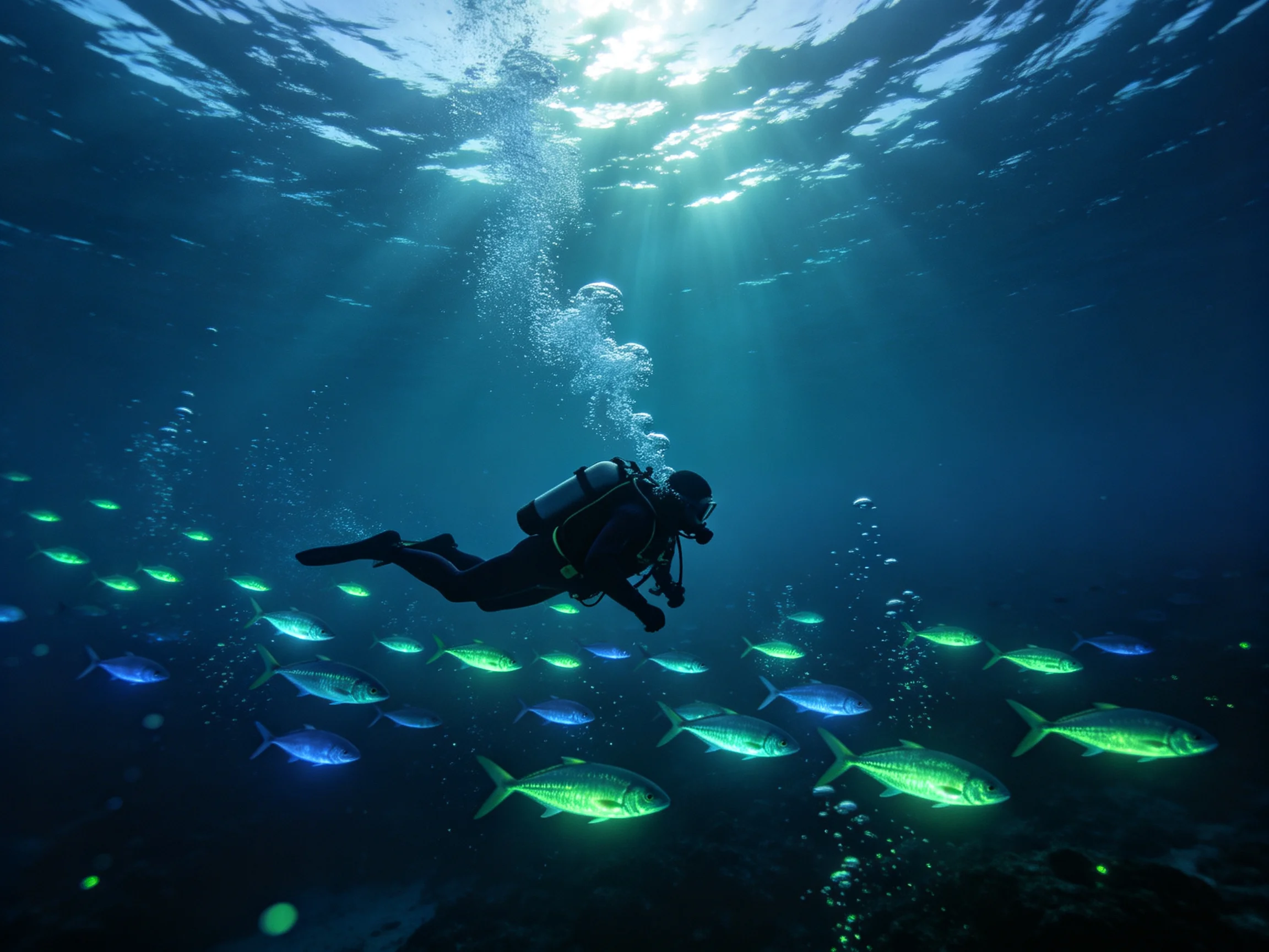 A scuba diver explores an underwater world with glowing fish