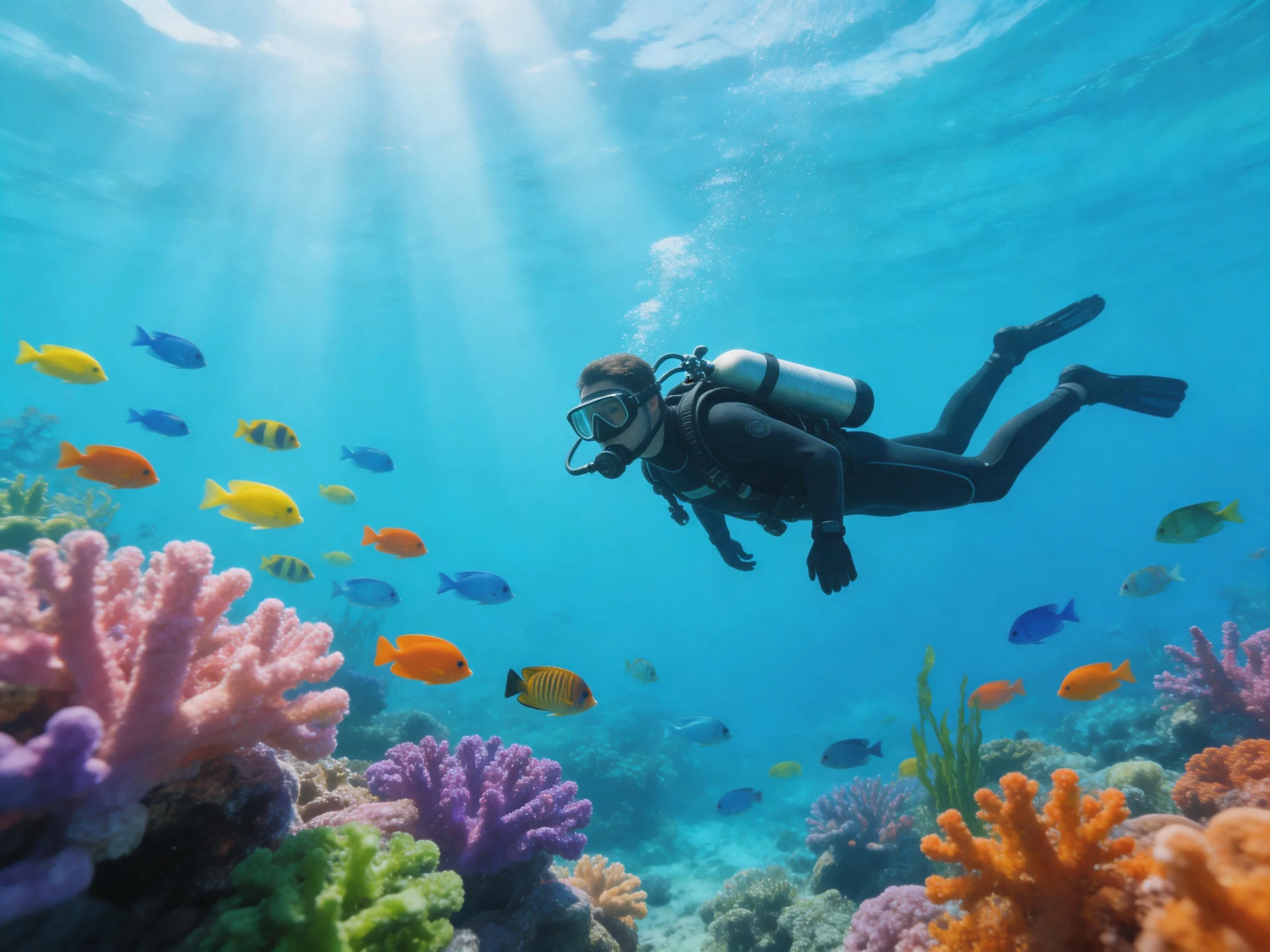 A scuba diver exploring a vibrant coral reef with diverse tropical fish