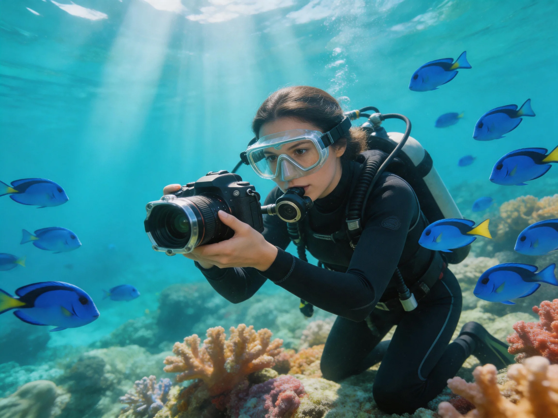A scuba diver photographs vibrant blue fish near colorful coral reefs
