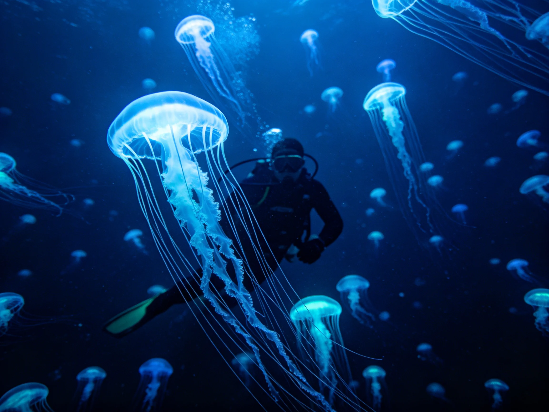 A scuba diver surrounded by numerous glowing blue jellyfish