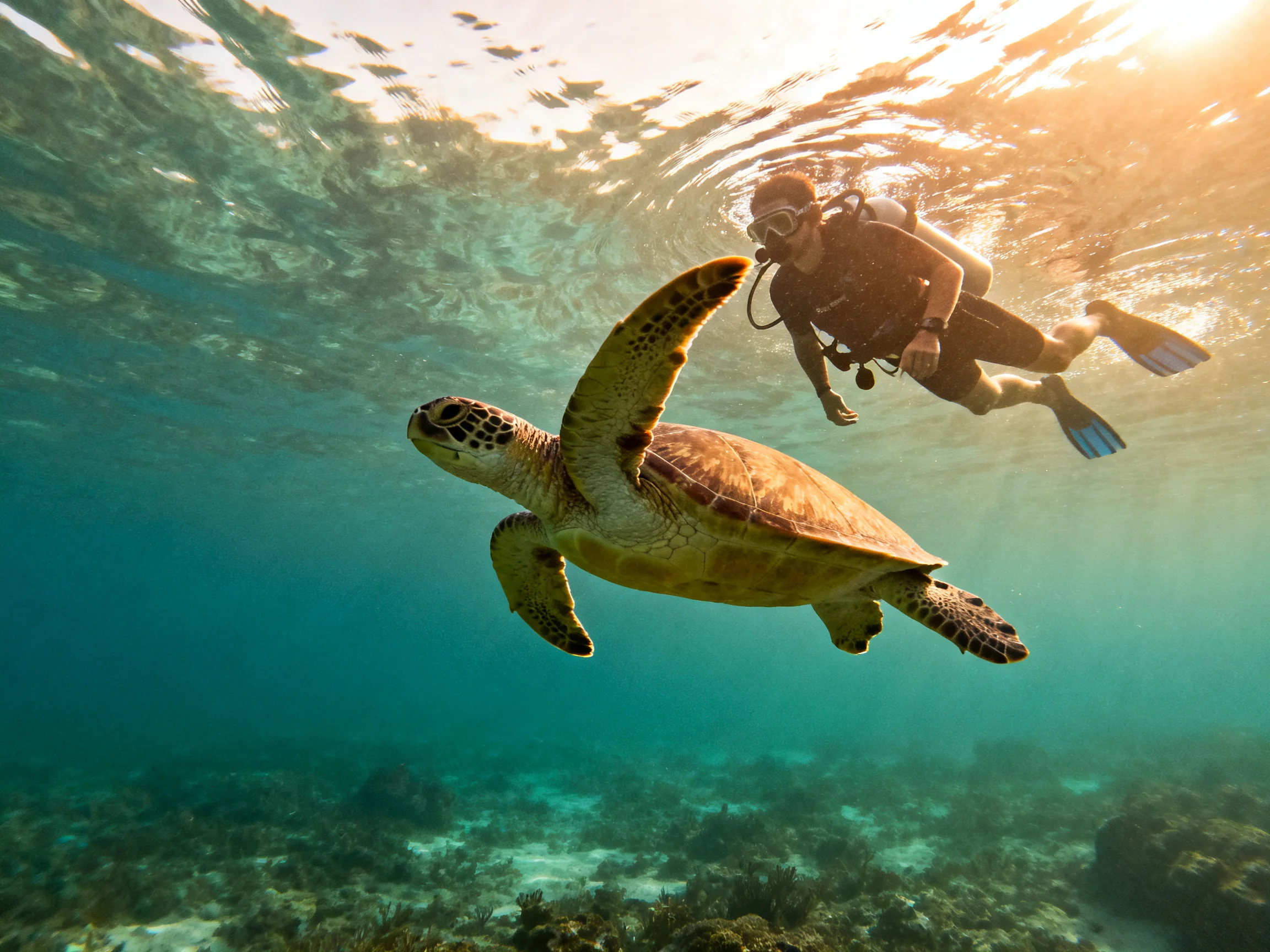 A scuba diver swims near a large brown sea turtle underwater