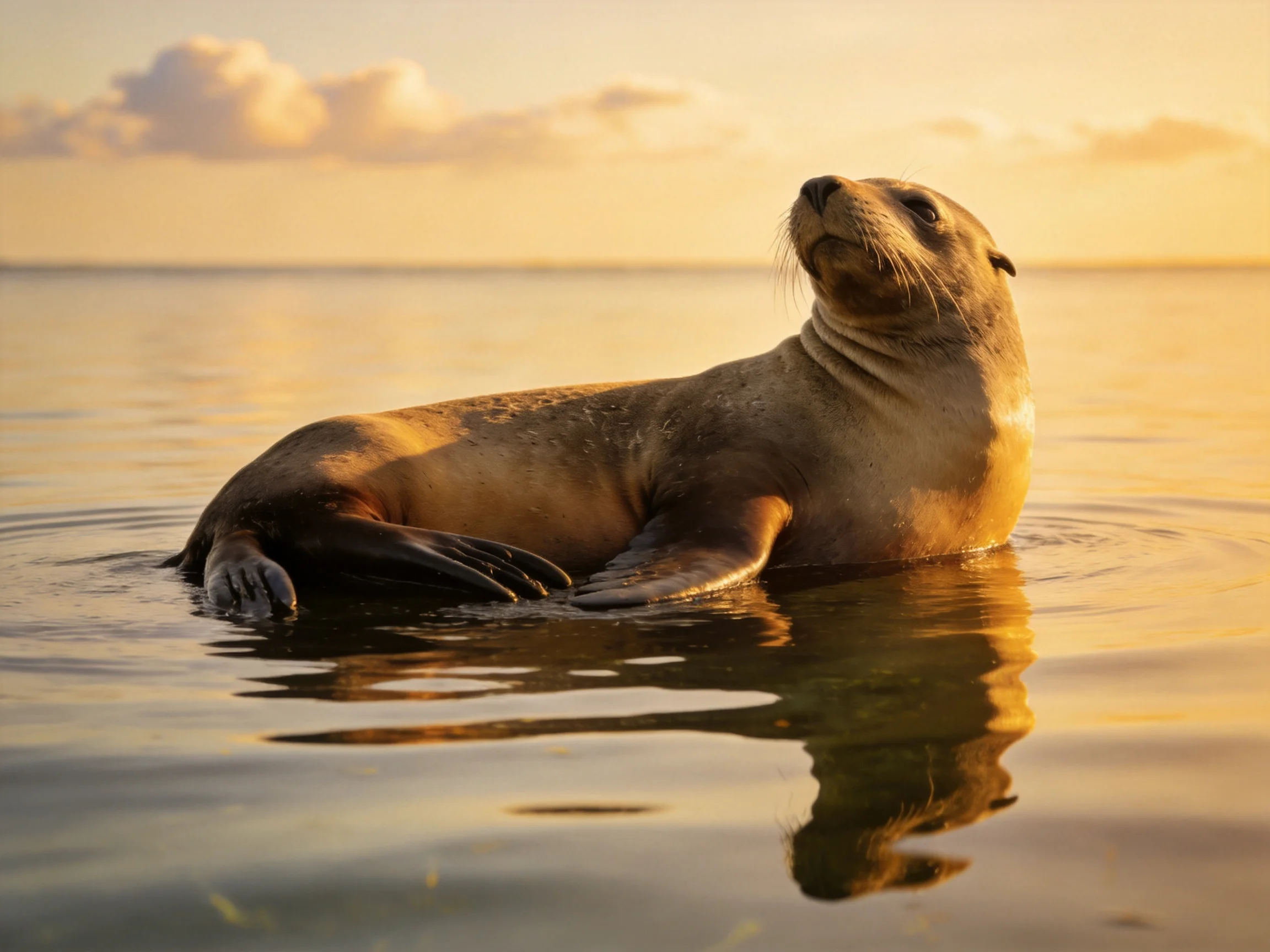 A sea lion floats in golden-hued ocean waters at sunset