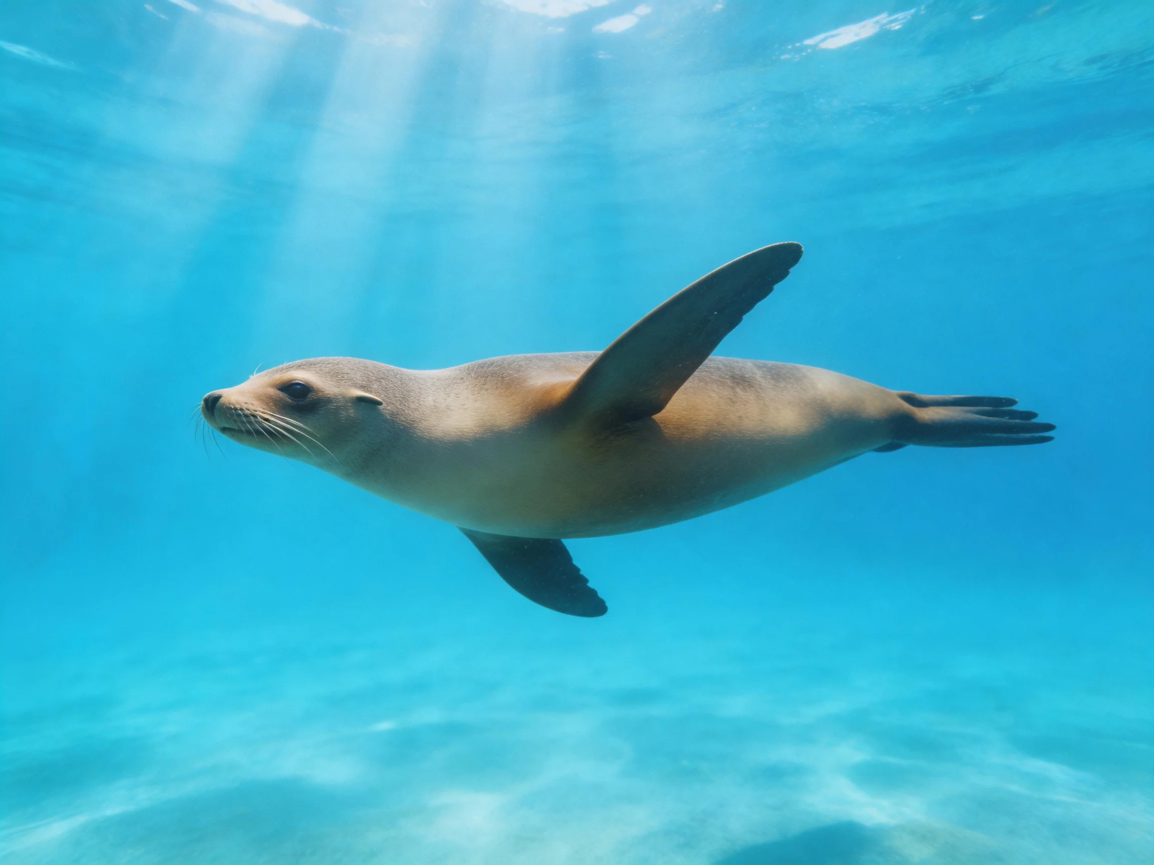 A sea lion gliding smoothly through crystal - clear turquoise waters