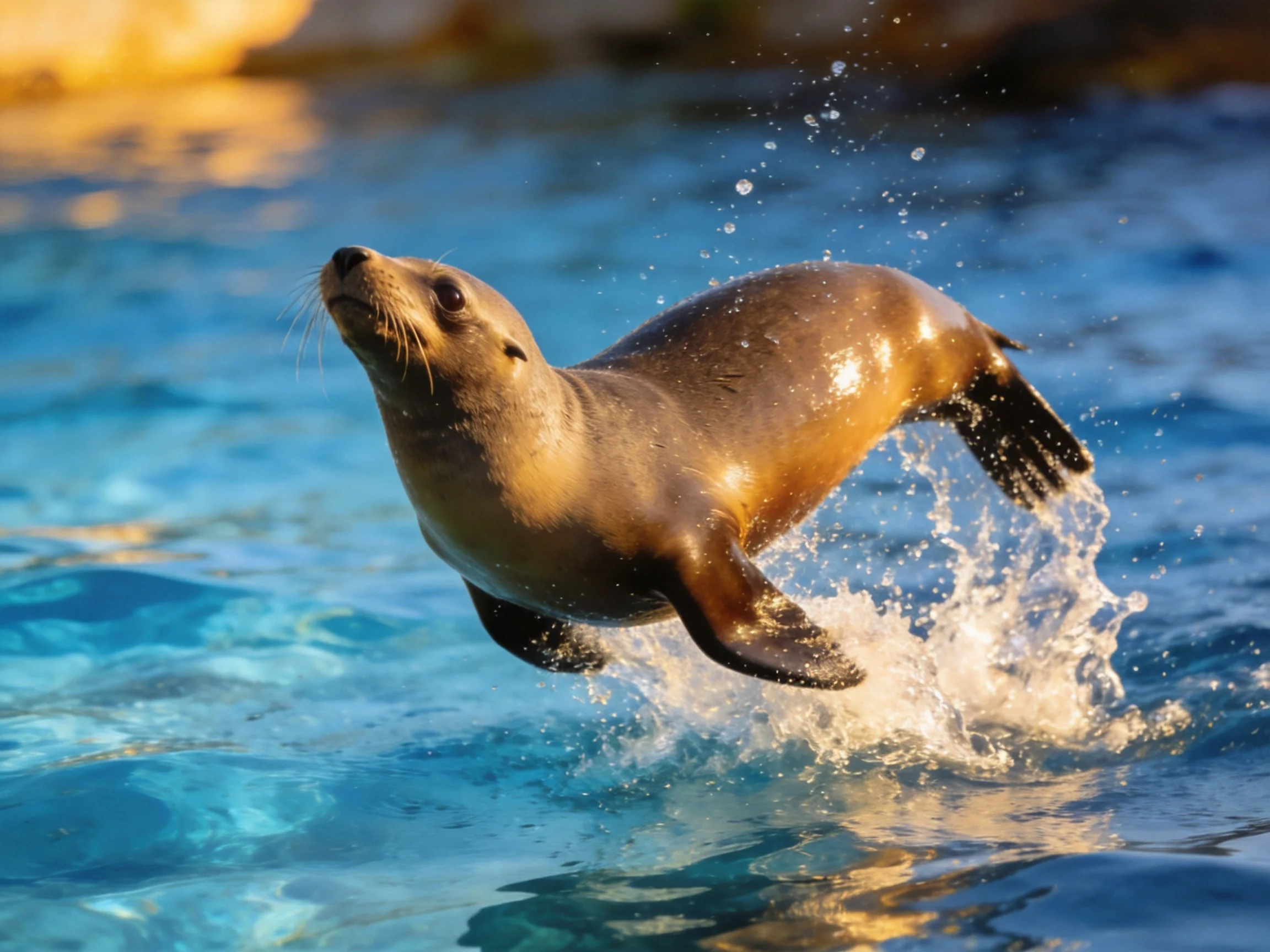 A sea lion leaps from shimmering blue water