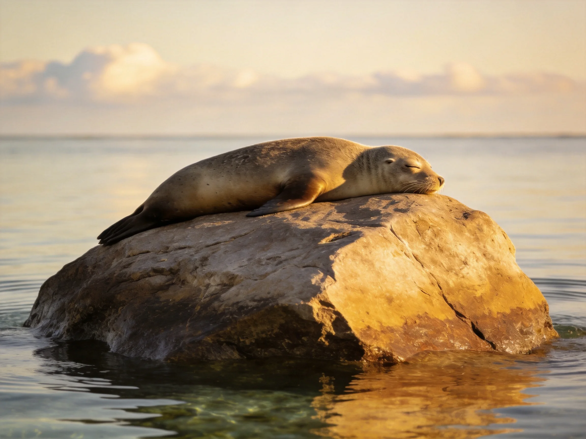 A sea lion rests on a large brown rock amid calm waters