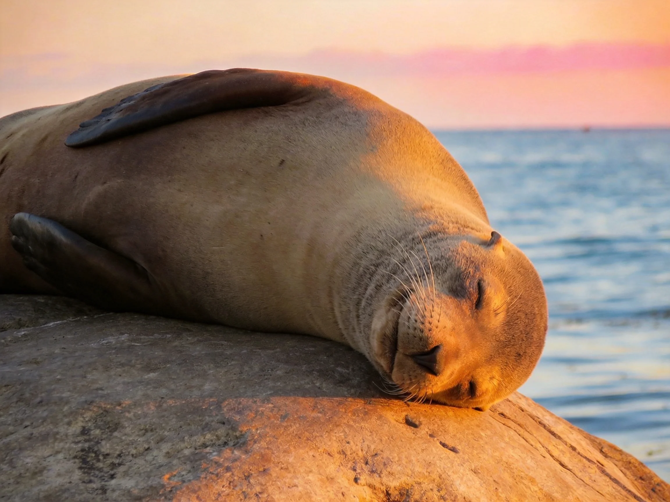 A sea lion rests on a rock by calm waters at sunset