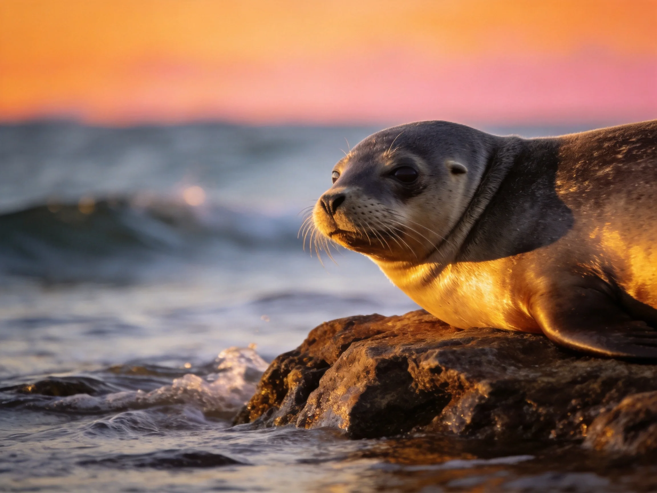 A sea lion rests on a rocky shore during a vibrant sunset