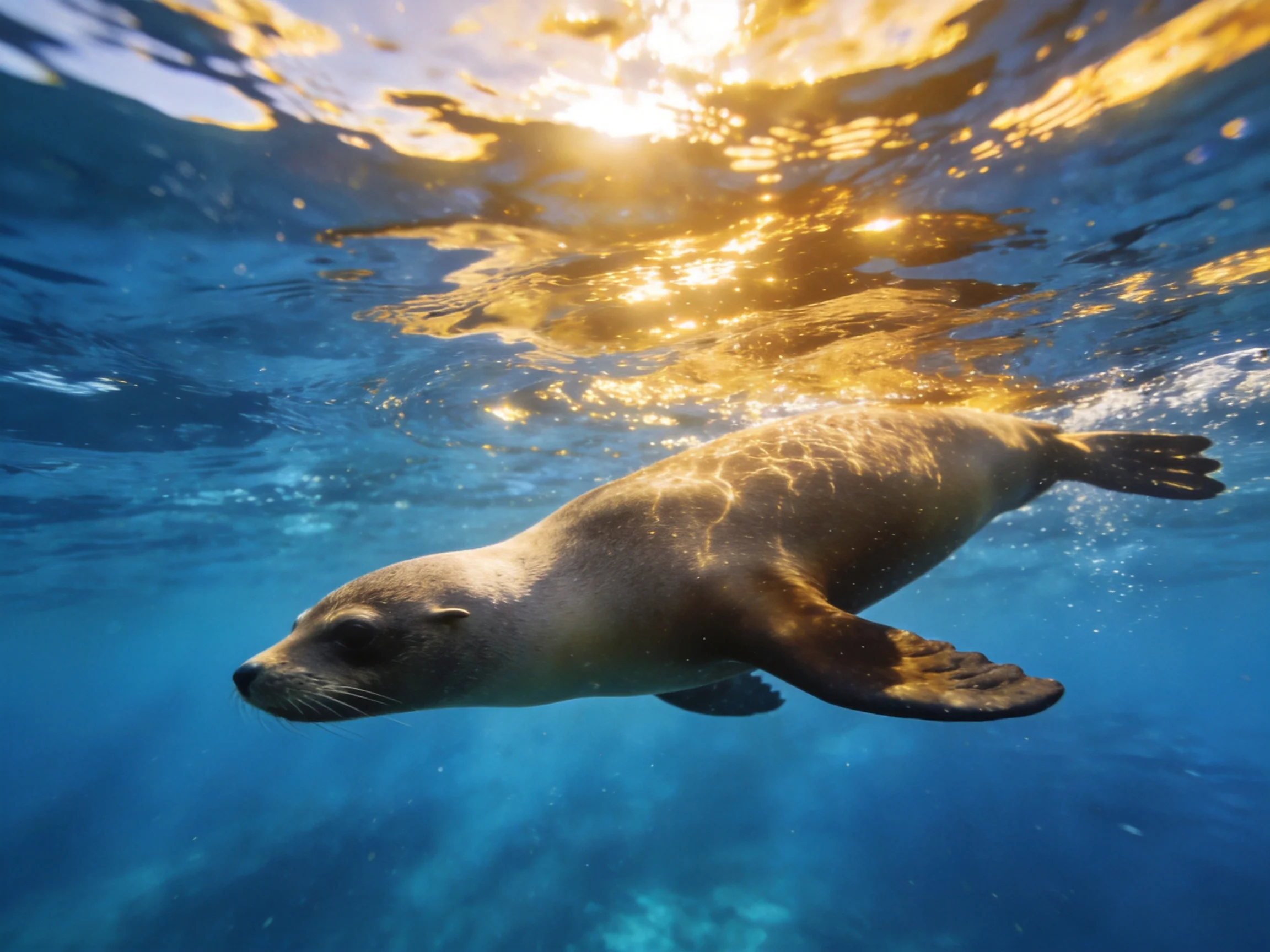 A sea lion swims in clear blue water with golden sunlight filtering above