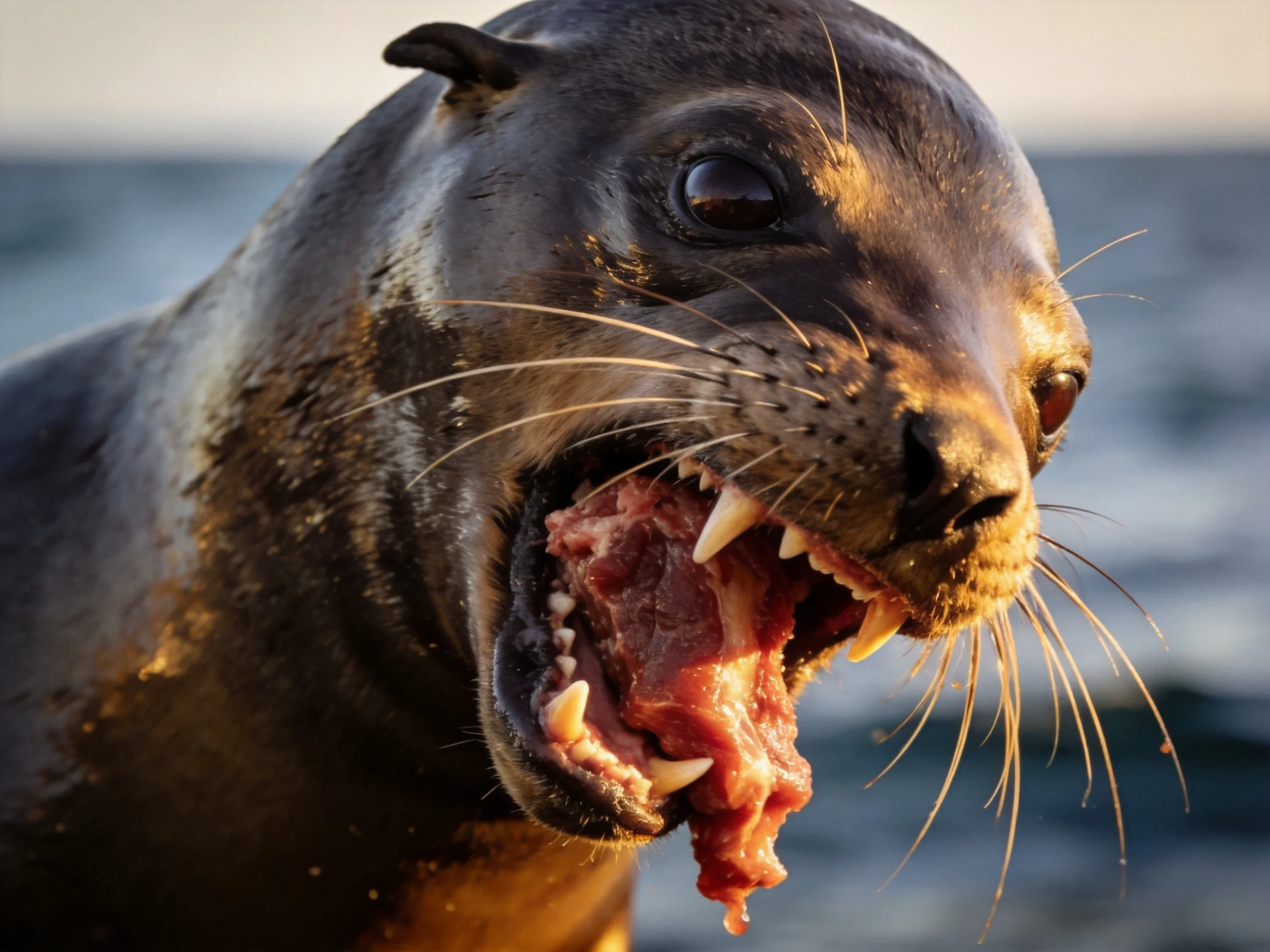 A sea lion with dark brown fur chews raw meat near the ocean