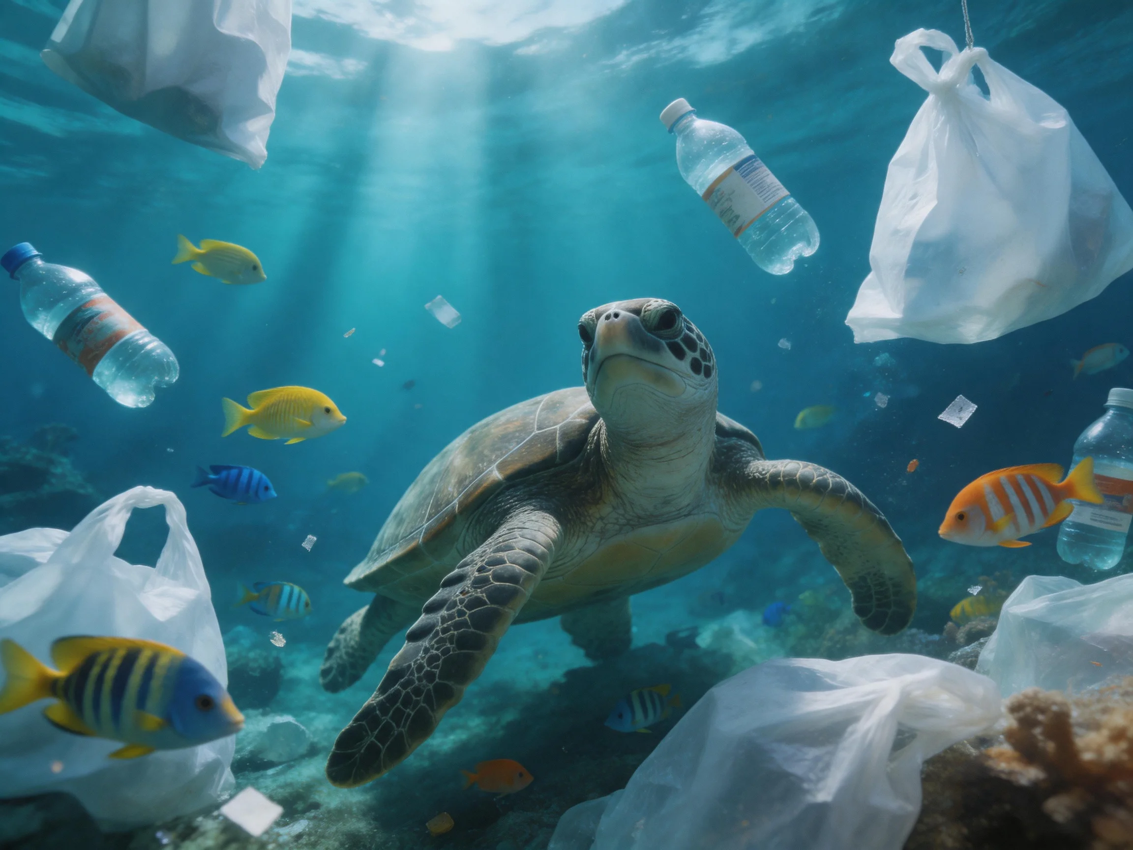 A sea turtle amid plastic waste and colorful fish underwater