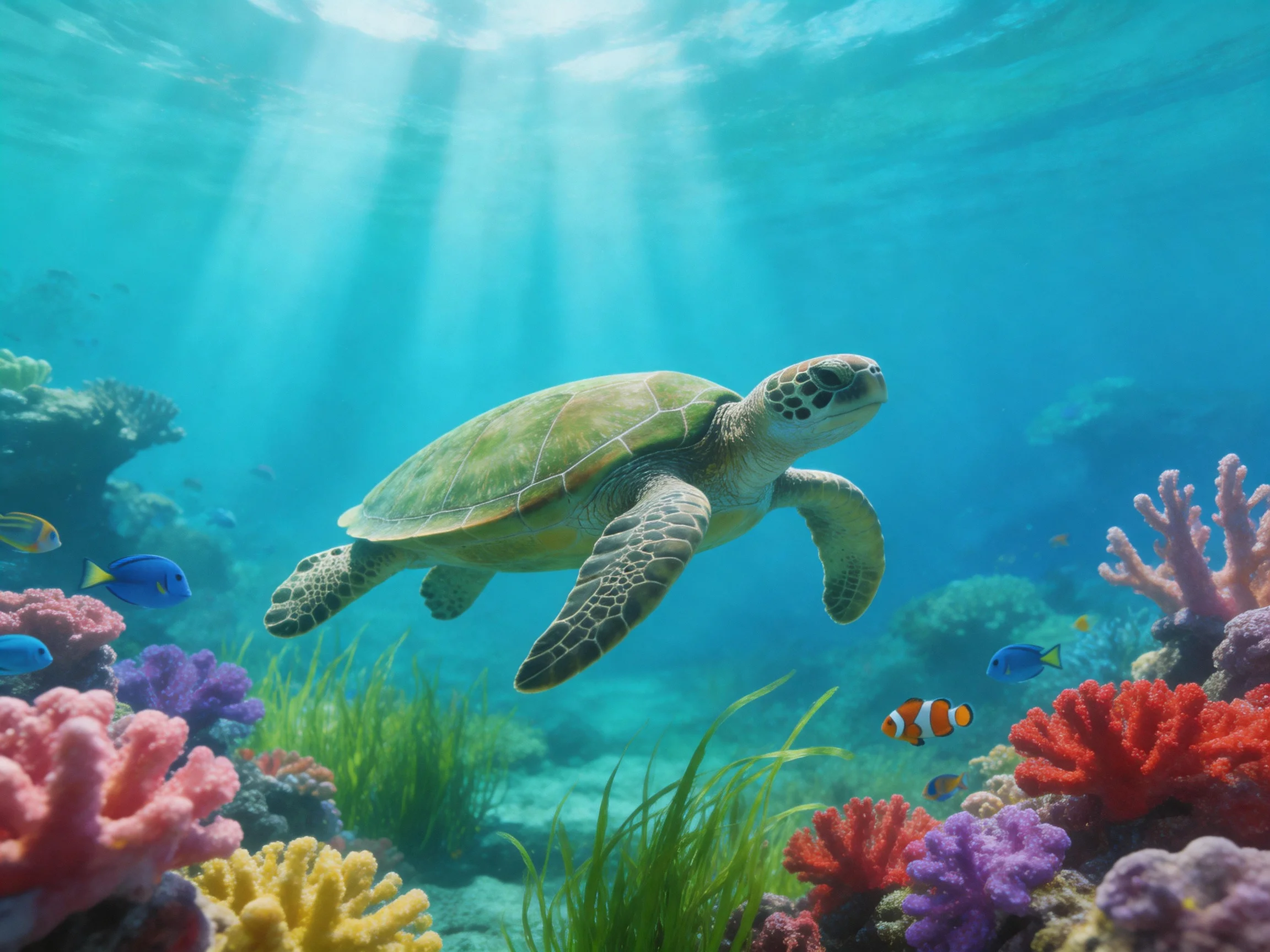 A sea turtle swims amid colorful corals and tropical fish