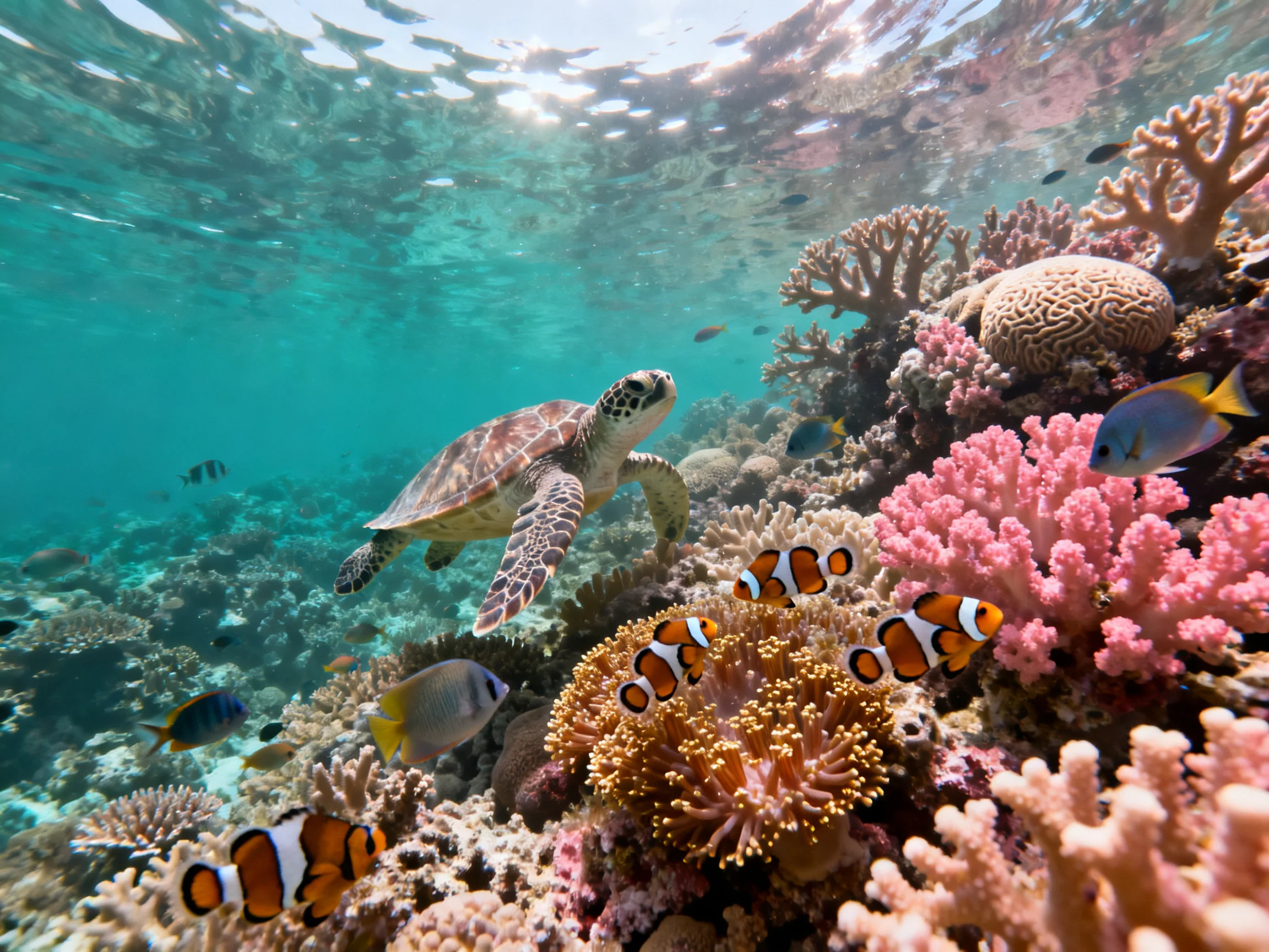 A sea turtle swims among colorful clownfish and vibrant corals