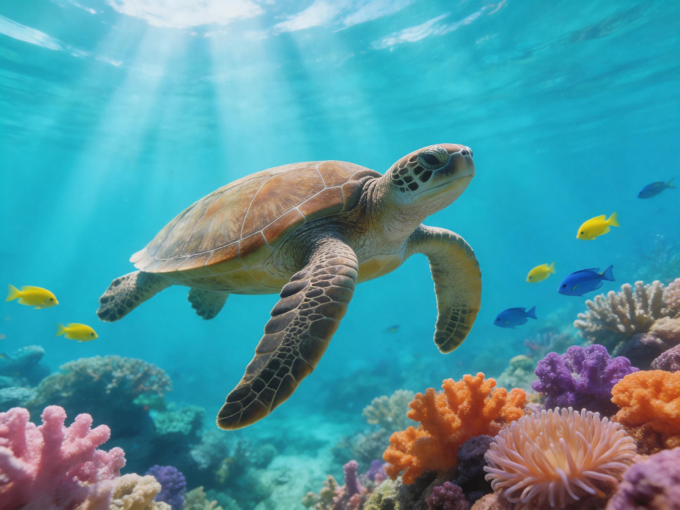 A sea turtle swims among colorful coral reefs and small tropical fish