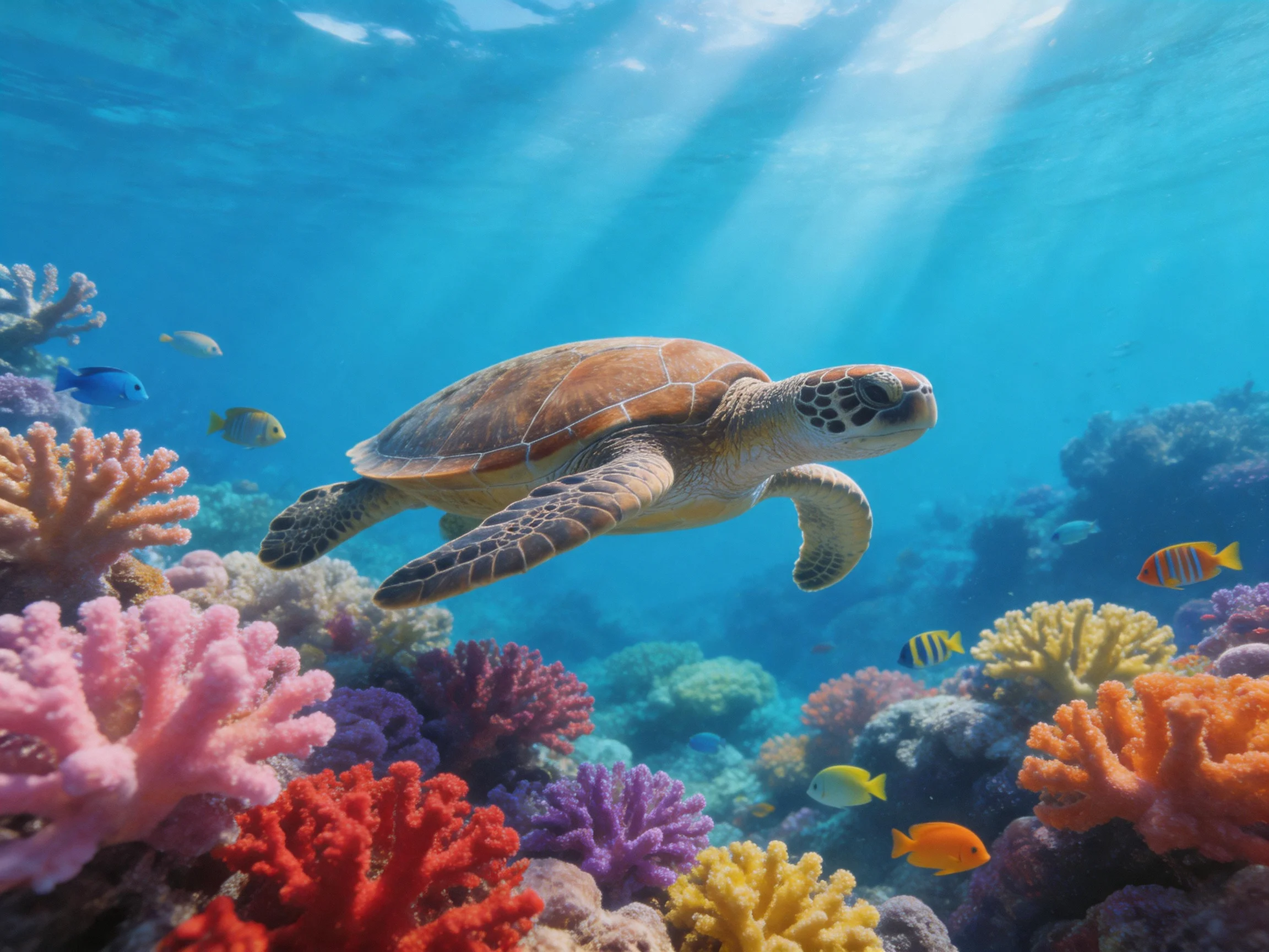 A sea turtle swims among colorful coral reefs and tropical fish