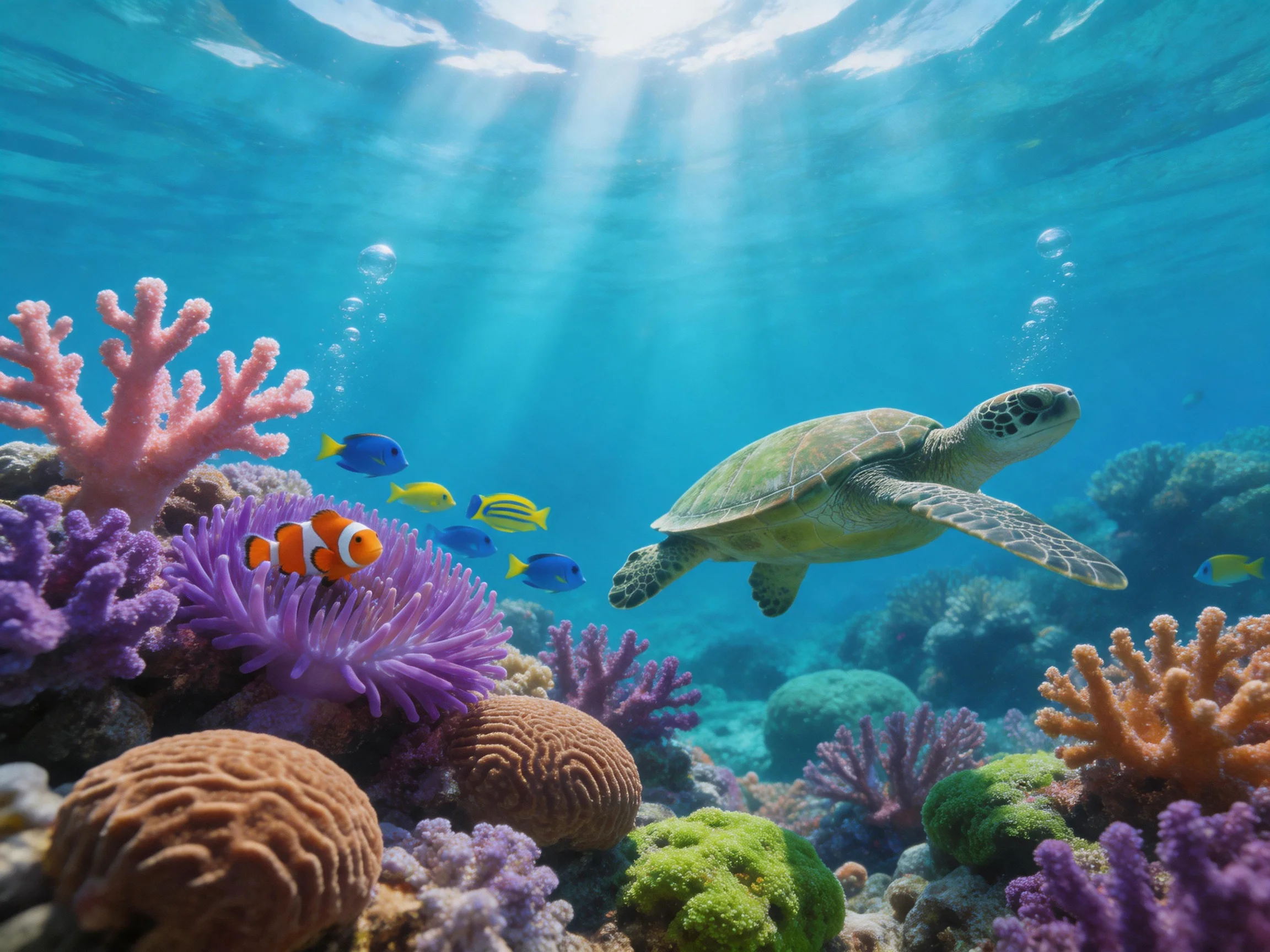A sea turtle swims among vibrant coral reefs and fish tropical