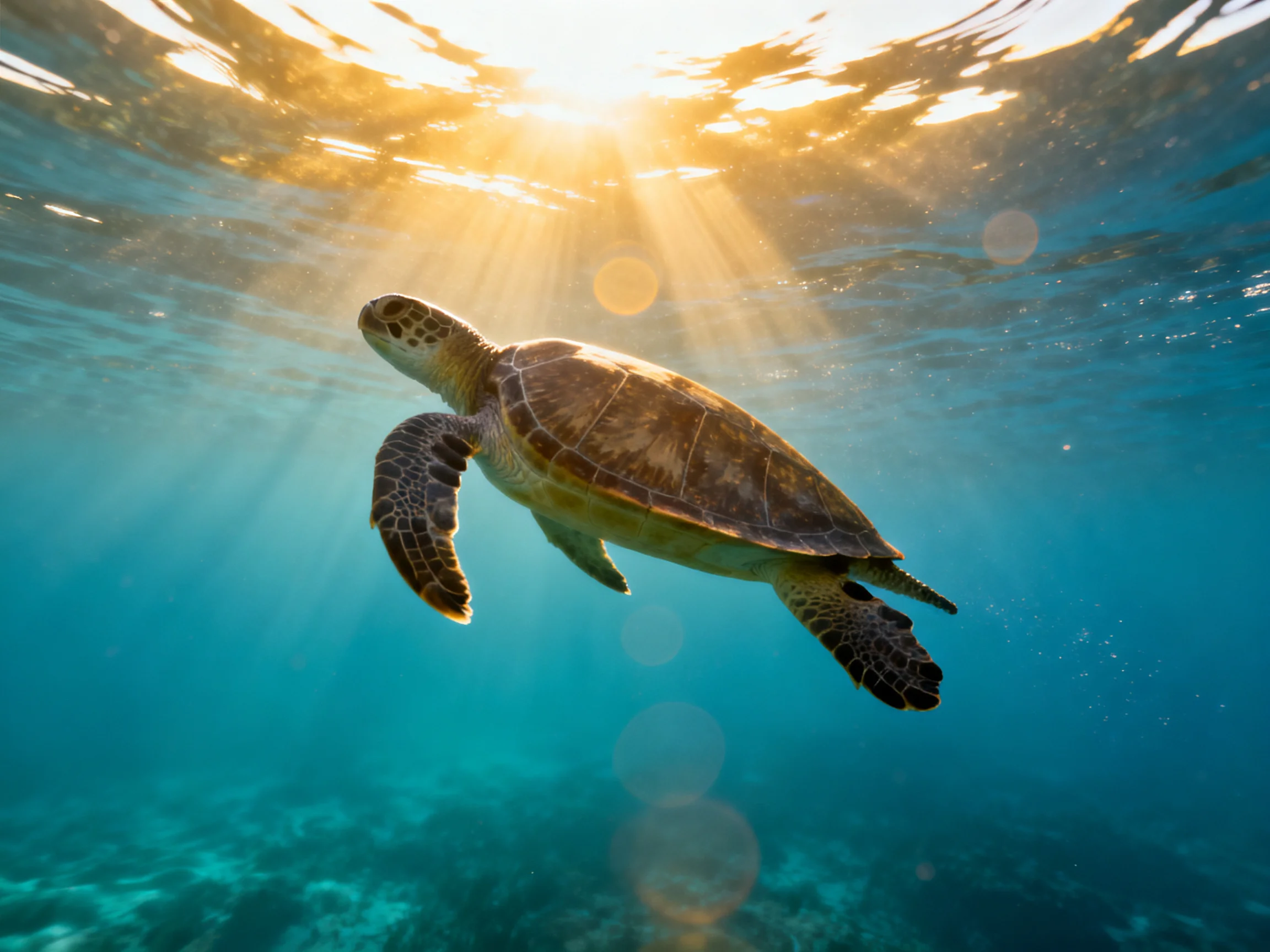 A sea turtle swims in turquoise waters beneath golden sunlight rays