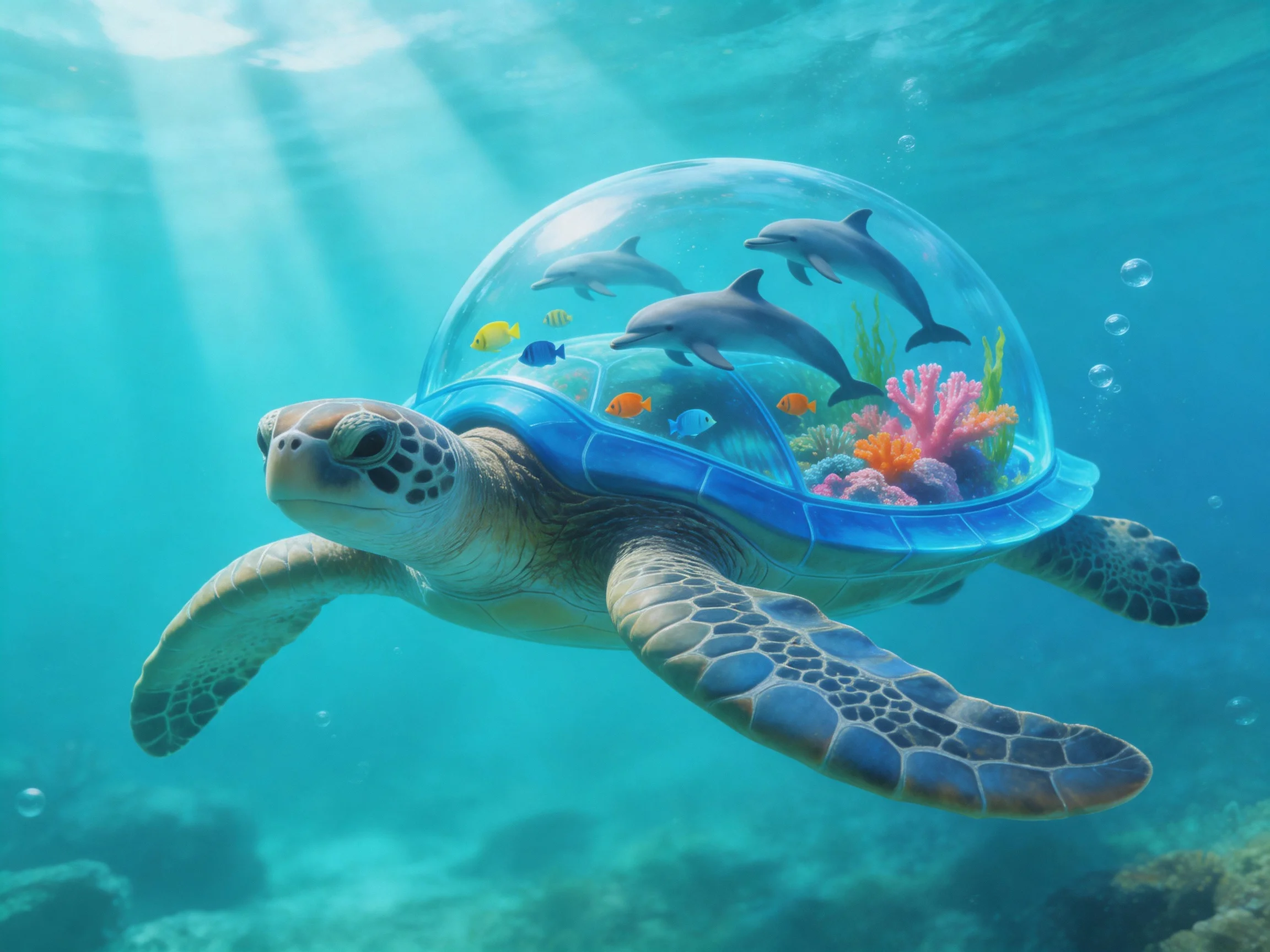 A sea turtle swims with a glass dome holding dolphins, colorful fish, and corals