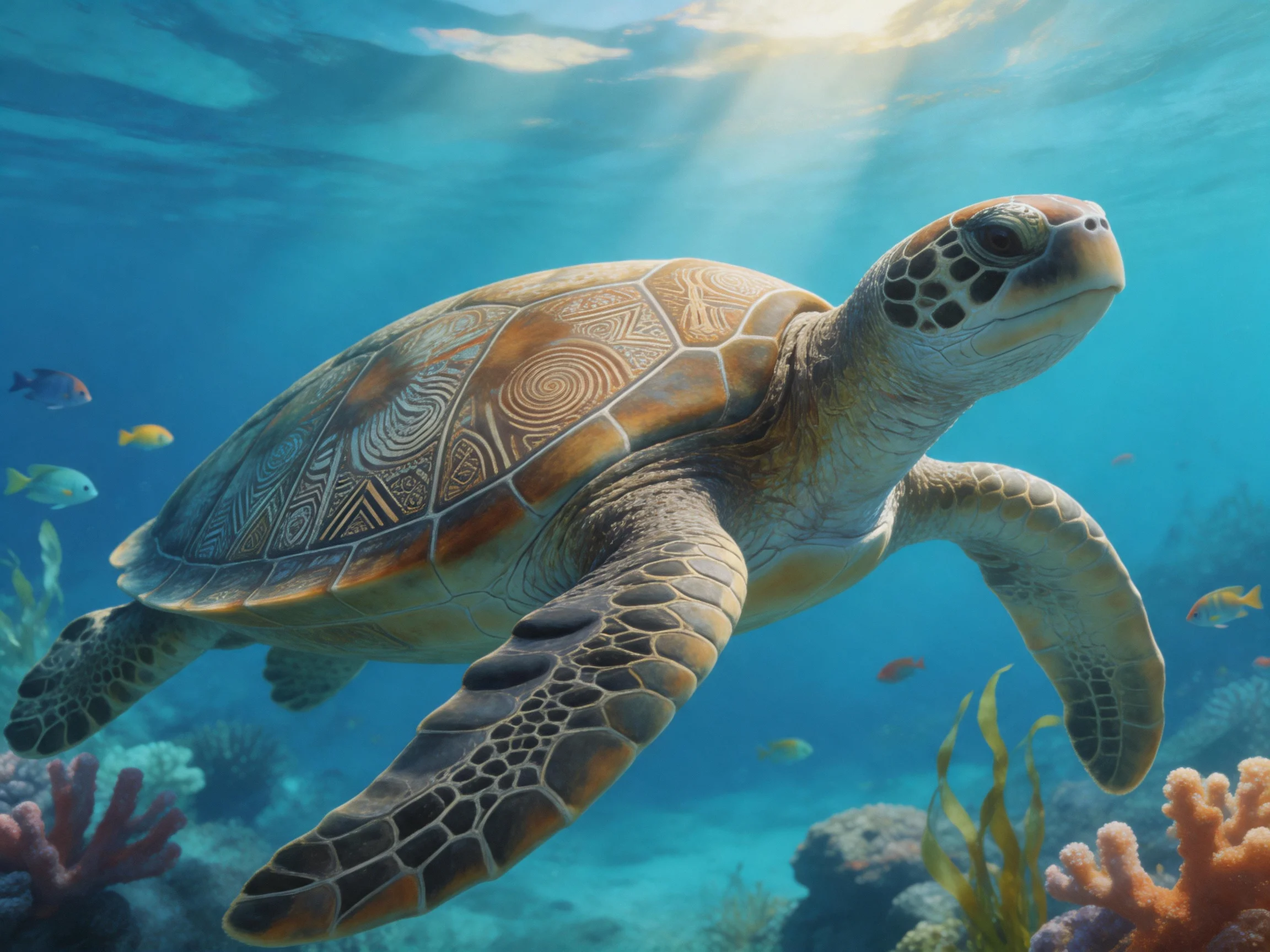 A sea turtle with intricate shell patterns swims near coral reefs in clear blue water
