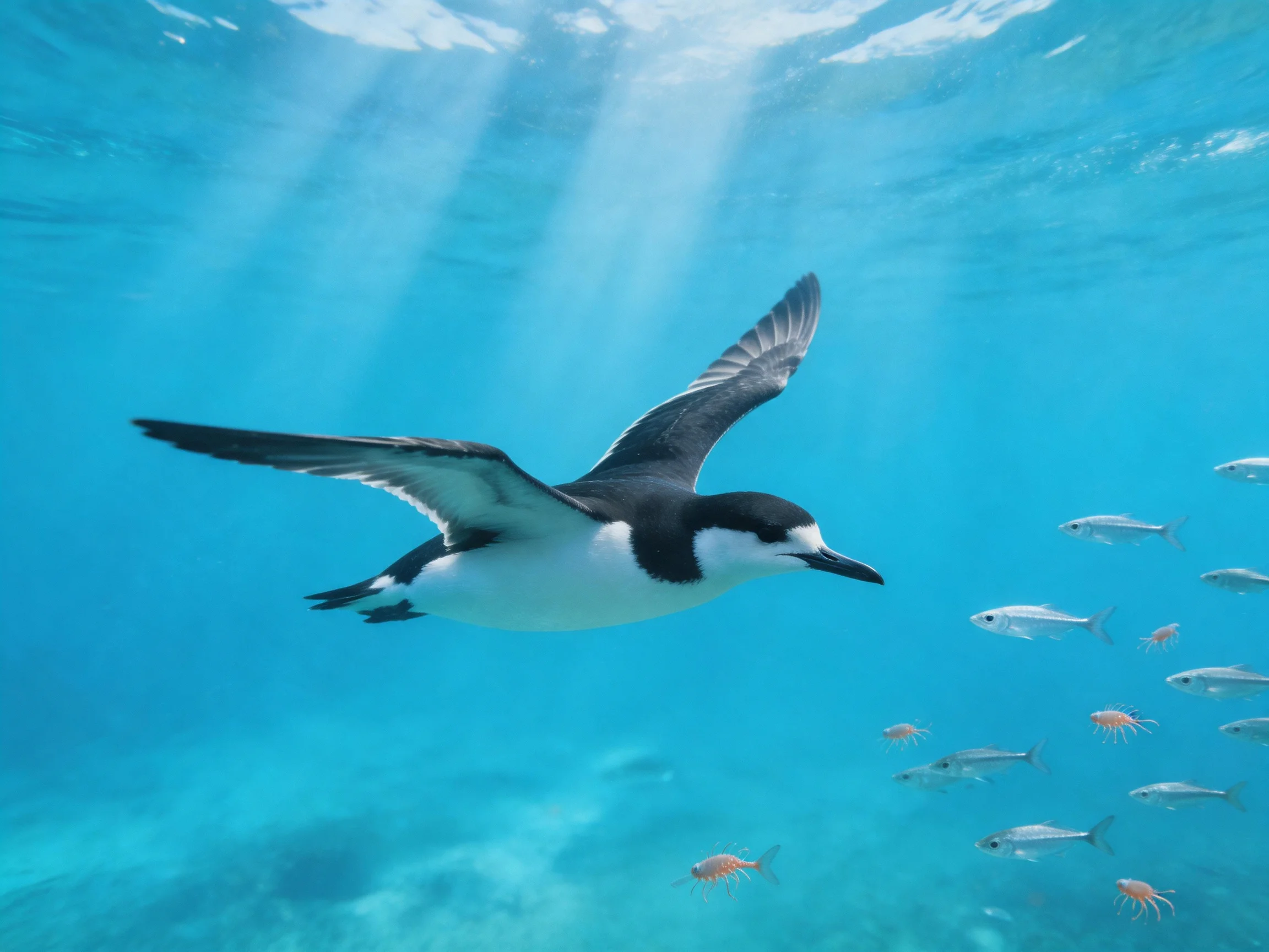 A seabird hunts near silver fish in clear blue water