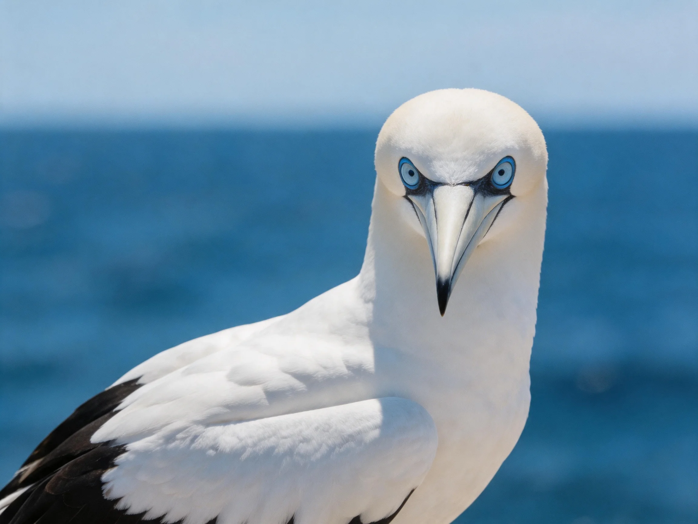 A seabird with white plumage and blue eyes near the ocean