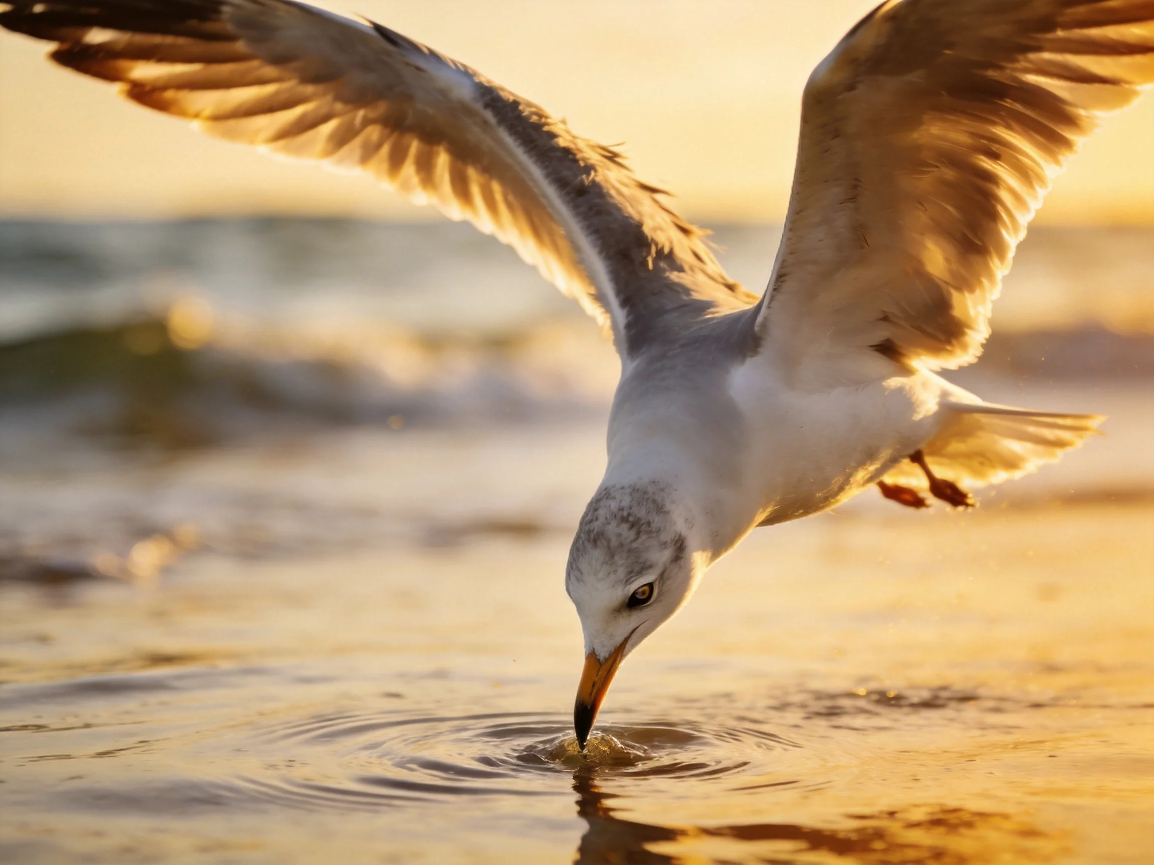 A seagull dips into shallow ocean waters at golden hour
